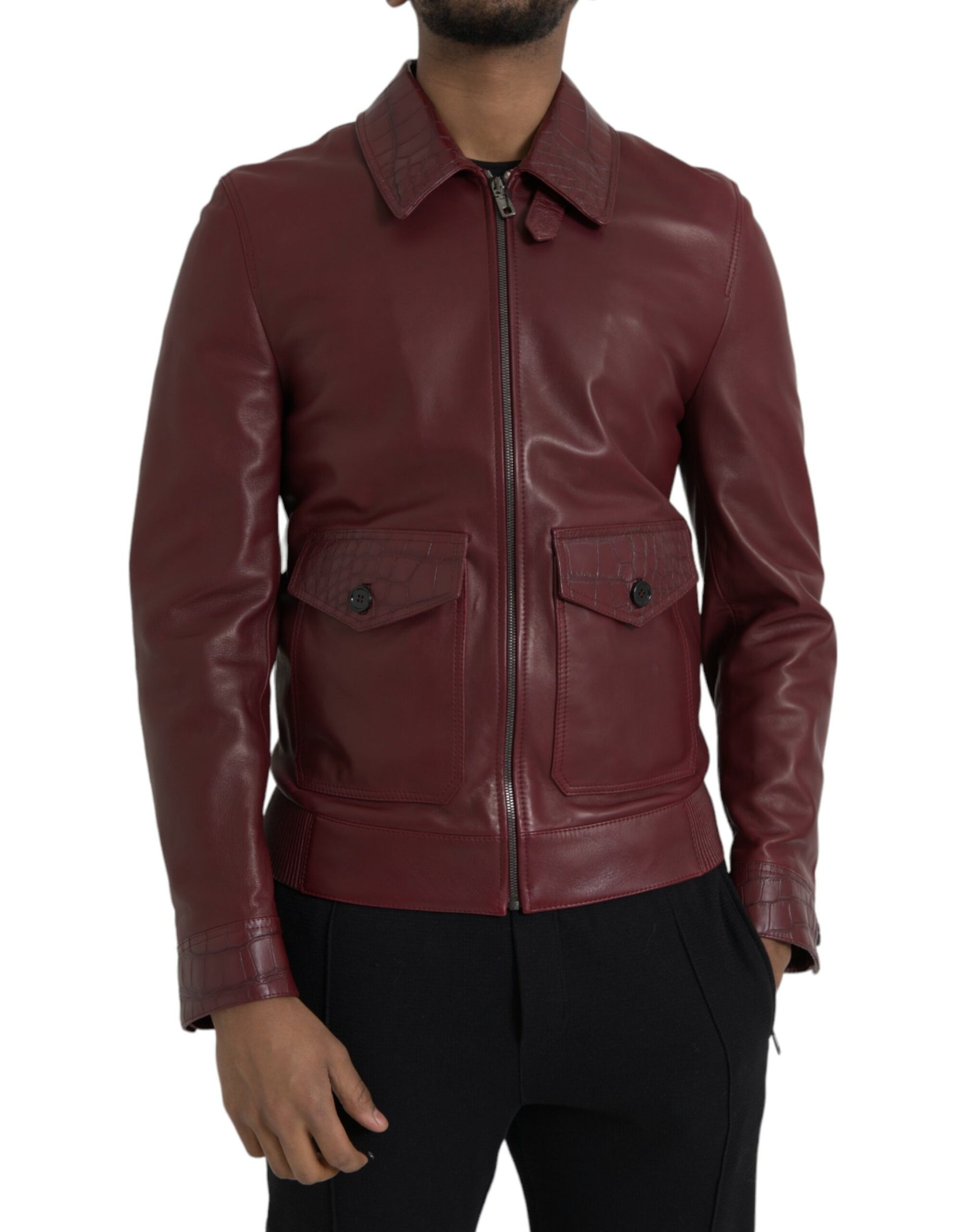 Dolce & Gabbana Maroon Exotic Leather Zip Biker Coat Jacket | Regal Royce