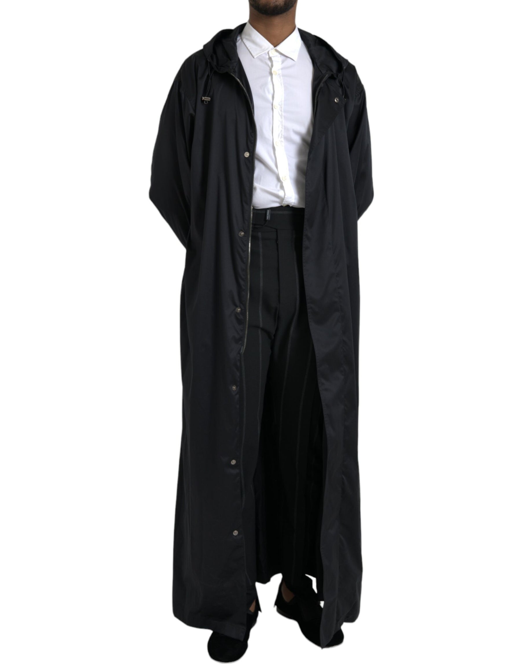 Dolce & Gabbana Black Polyester Hooded Long Windbreaker Jacket | Regal Royce