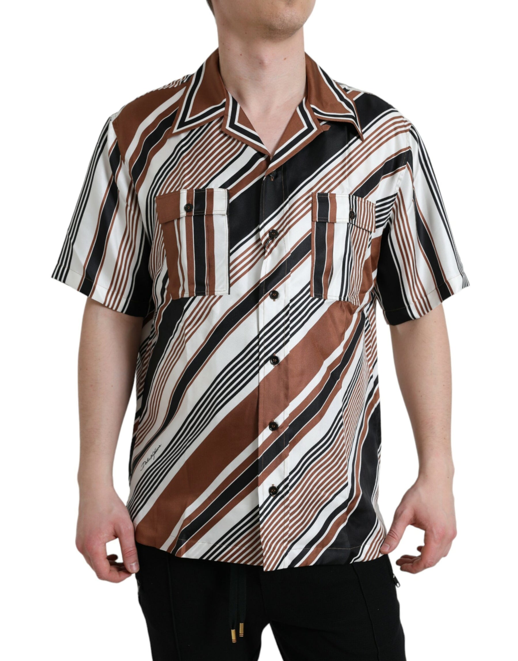 Dolce & Gabbana Brown White Silk Striped Short Sleeve Shirt | Regal Royce
