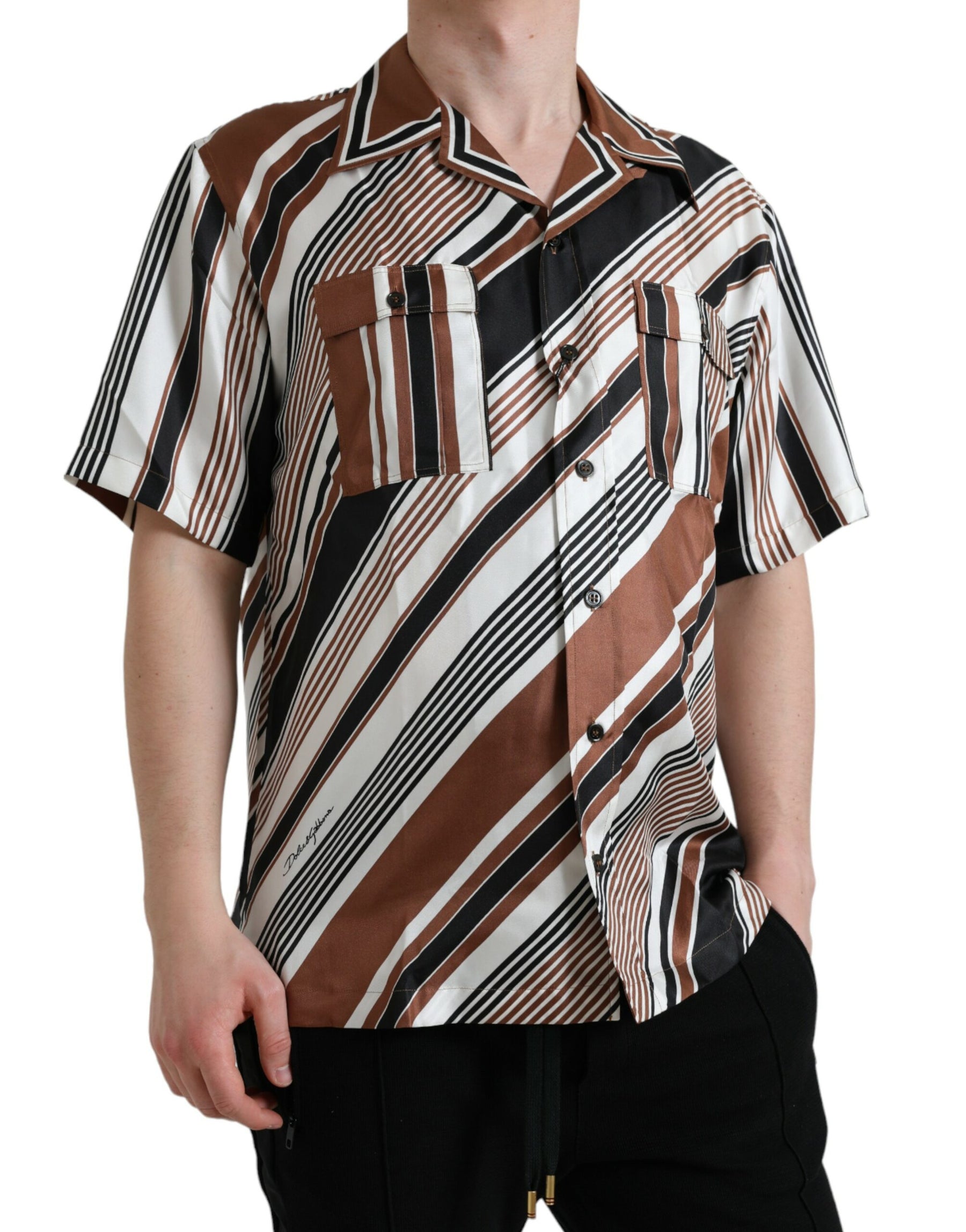 Dolce & Gabbana Brown White Silk Striped Short Sleeve Shirt | Regal Royce