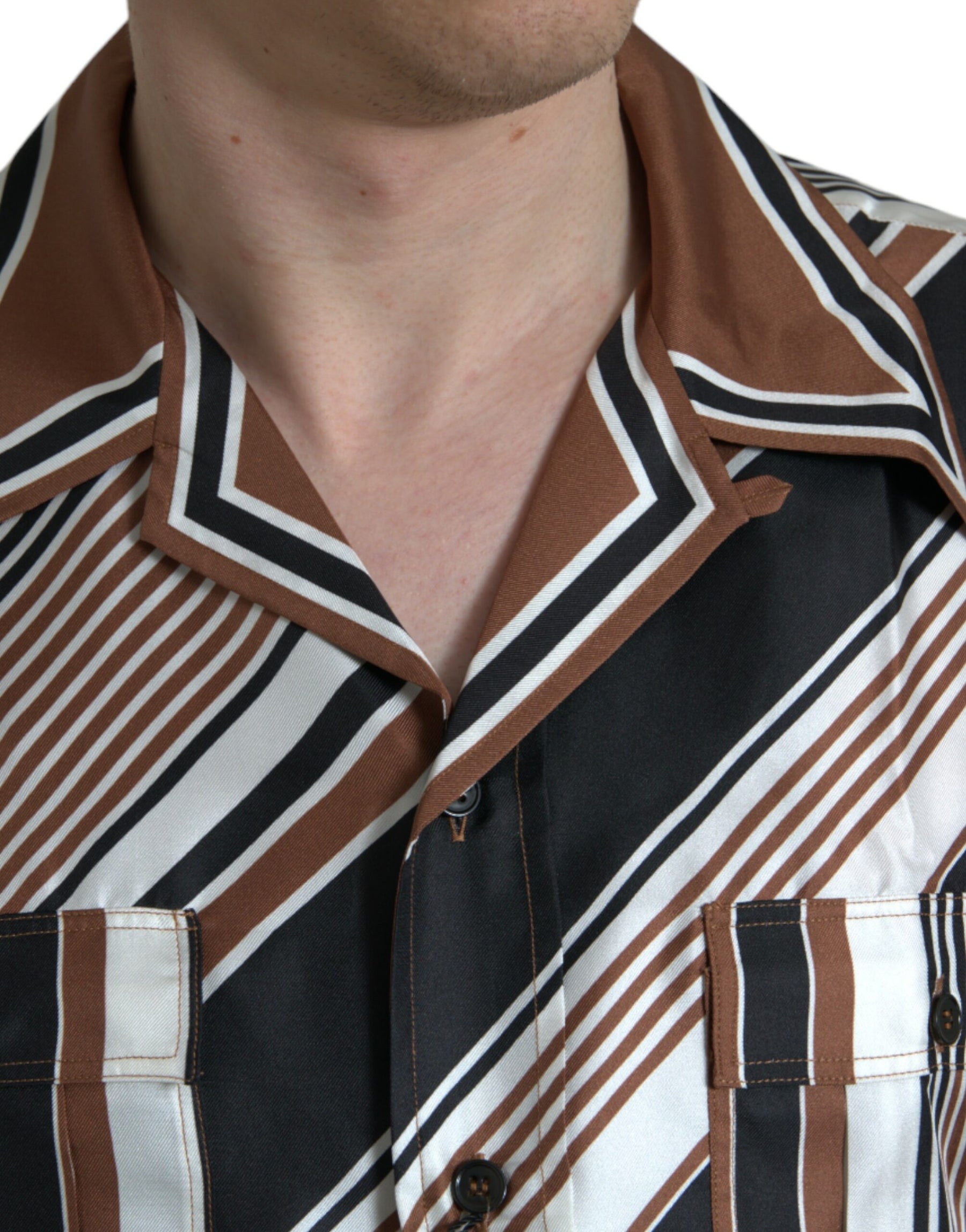 Dolce & Gabbana Brown White Silk Striped Short Sleeve Shirt | Regal Royce
