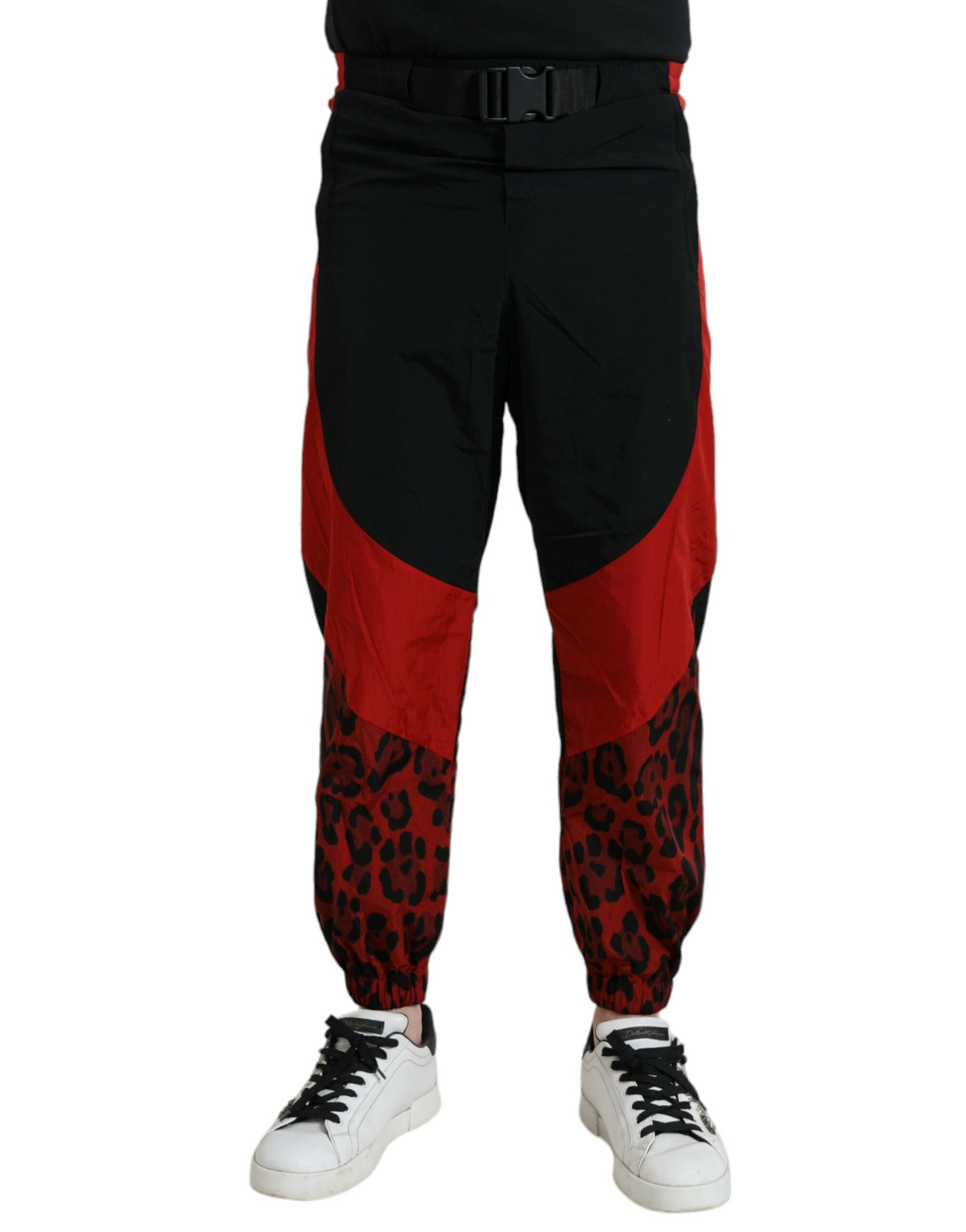 Dolce & Gabbana Black Red Leopard Print Nylon Jogger Pants | Regal Royce