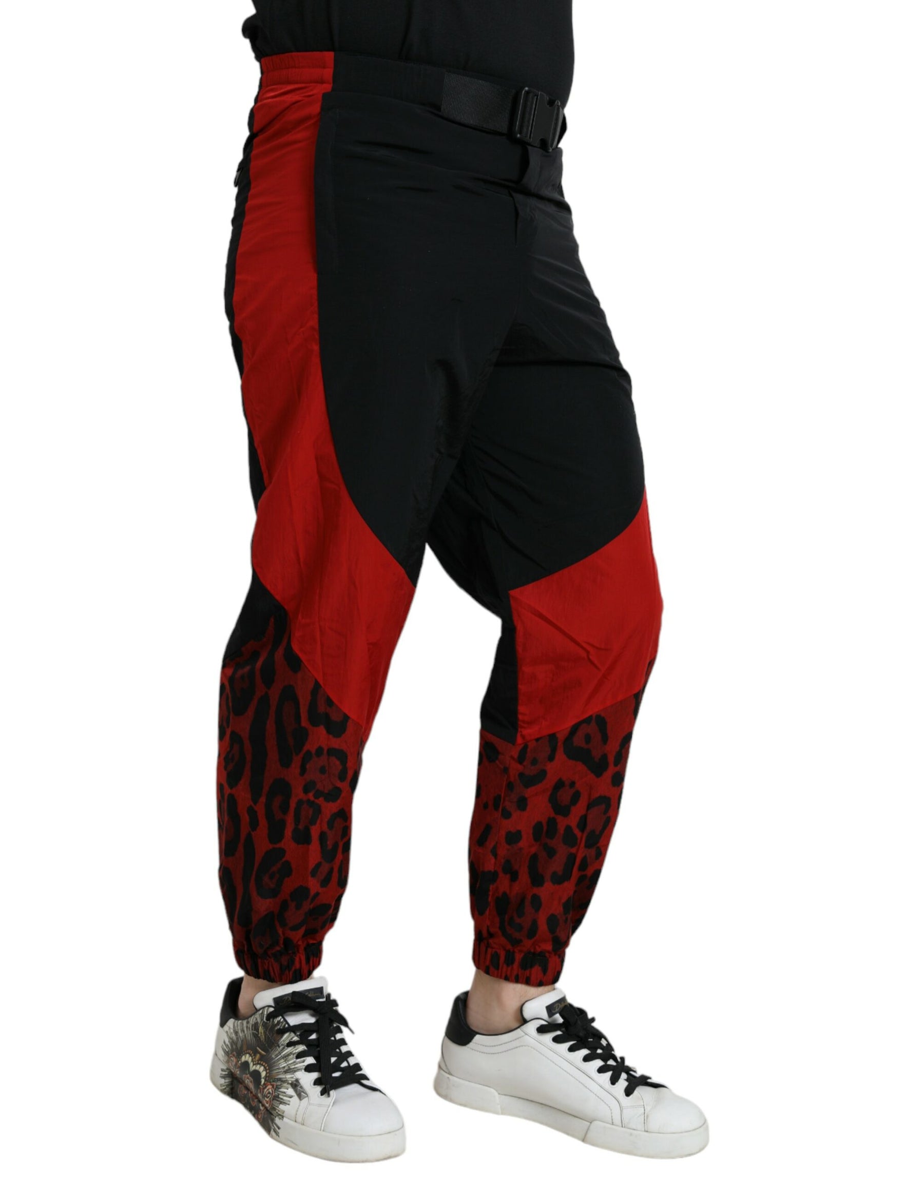 Dolce & Gabbana Black Red Leopard Print Nylon Jogger Pants | Regal Royce