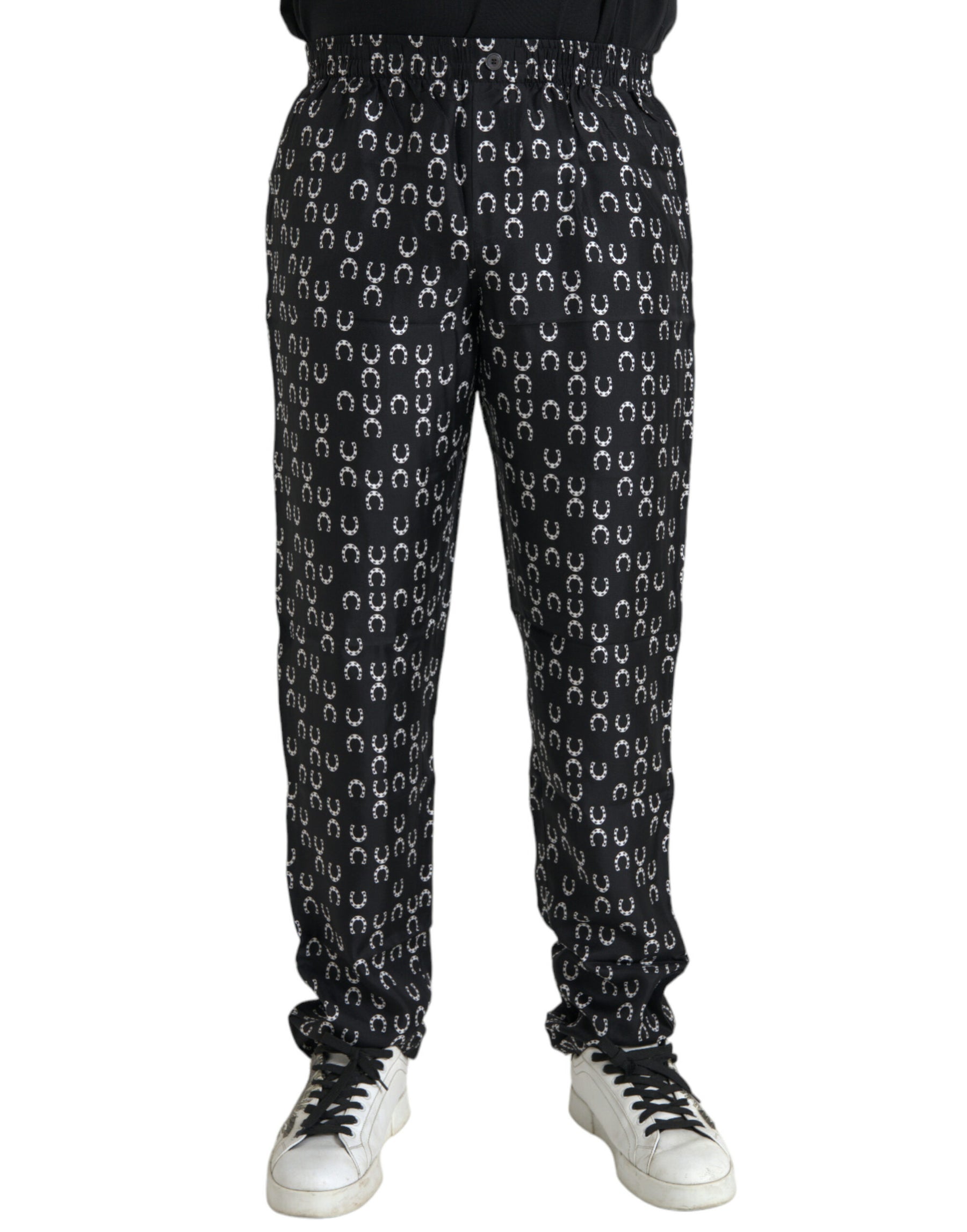 Dolce & Gabbana Black Horseshoe Print Silk Pants | Regal Royce
