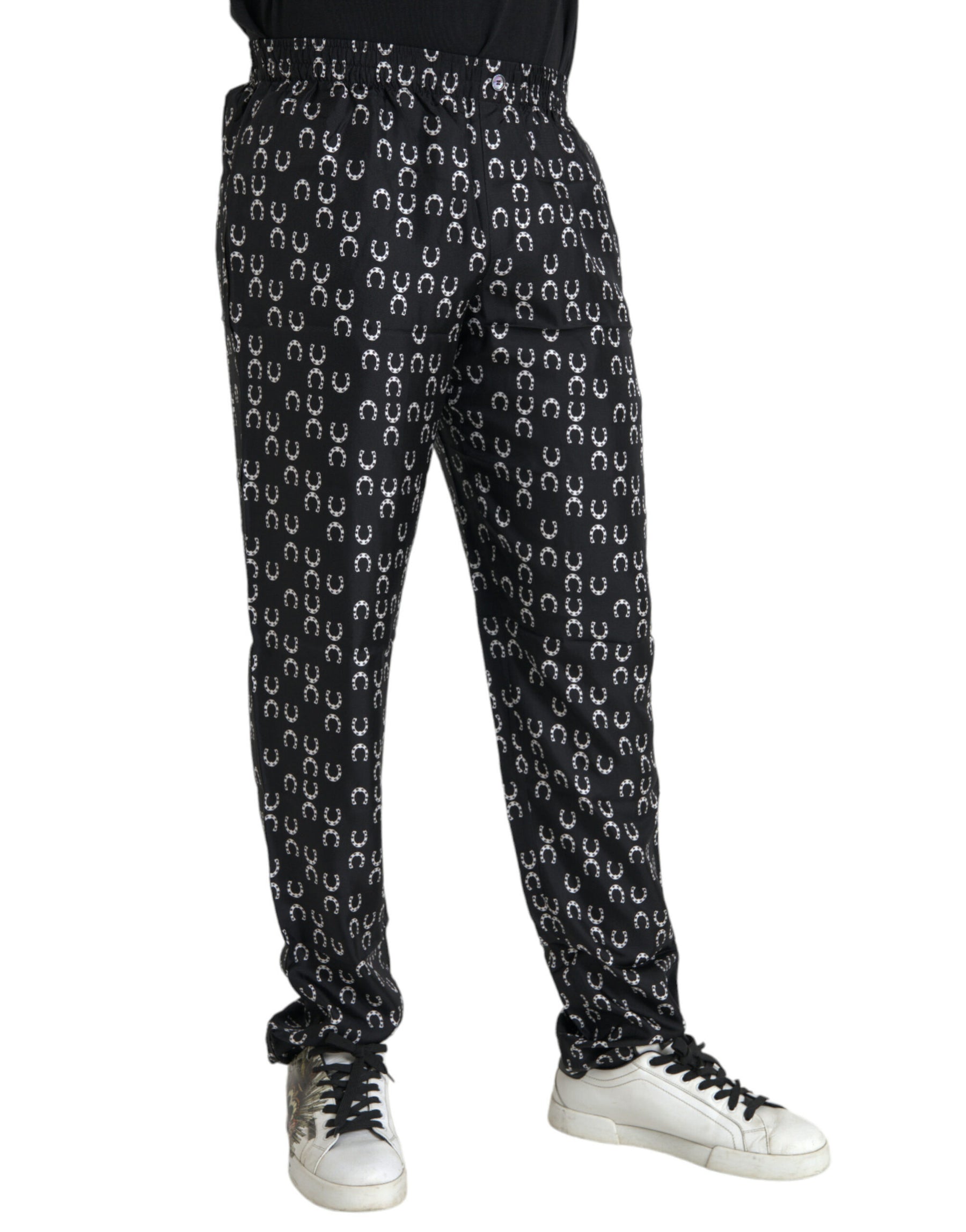 Dolce & Gabbana Black Horseshoe Print Silk Pants | Regal Royce