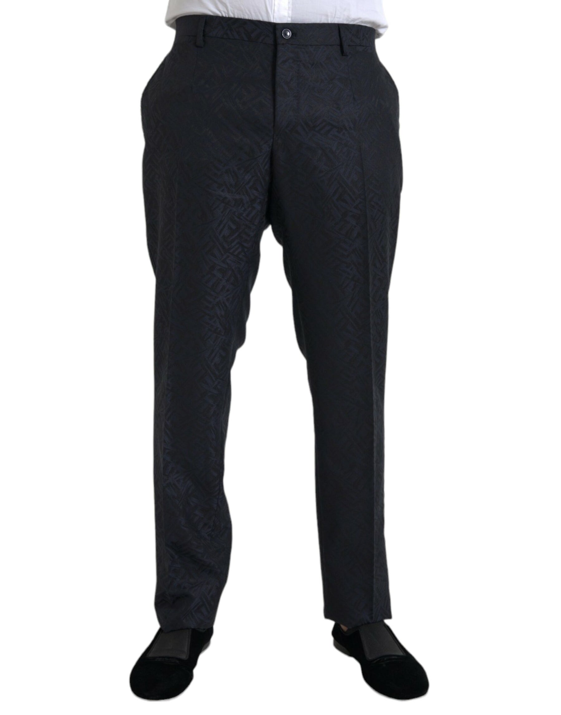 Dolce & Gabbana Blue Brocade Wool Skinny Men Dress Pants | Regal Royce
