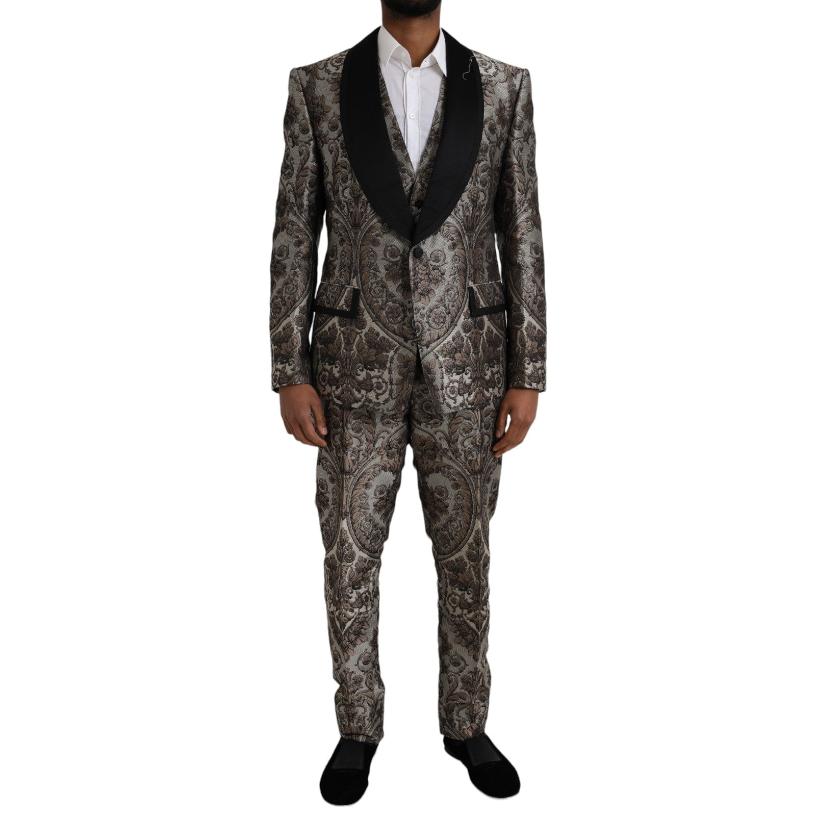 Dolce & Gabbana Brown Floral Jacquard Formal 3 Piece Suit | Regal Royce