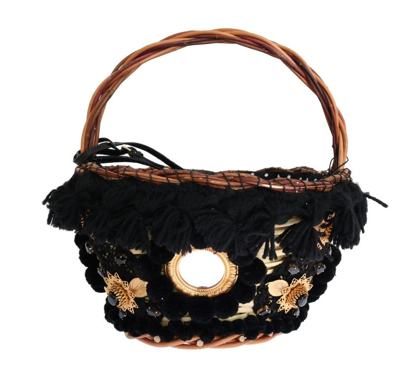Dolce & Gabbana Beige Straw Snakeskin Pom Pom Crystal AGNESE Bag | Regal Royce
