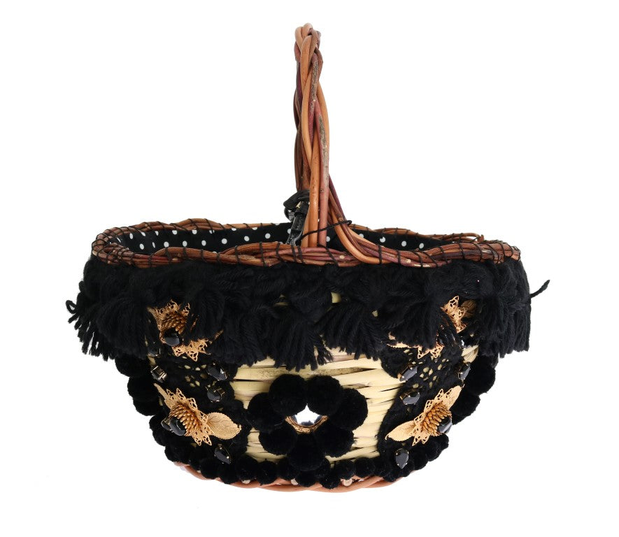 Dolce & Gabbana Beige Straw Snakeskin Pom Pom Crystal AGNESE Bag | Regal Royce
