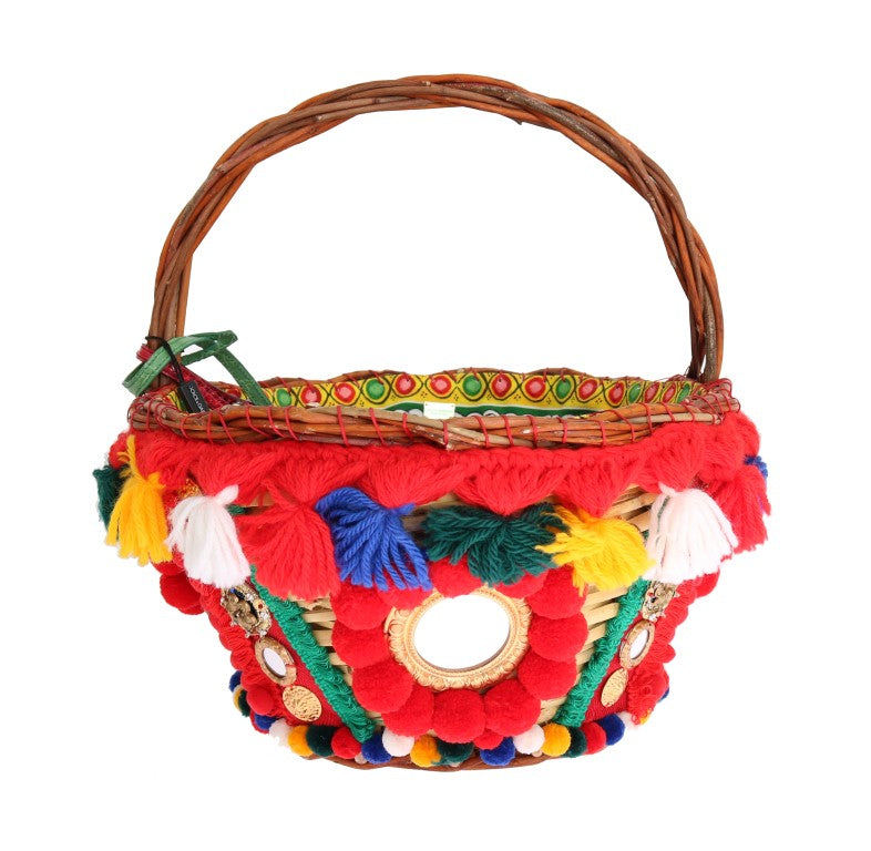 Dolce & Gabbana Multicolor AGNESE Straw Crystal  Pom Pom Bag | Regal Royce