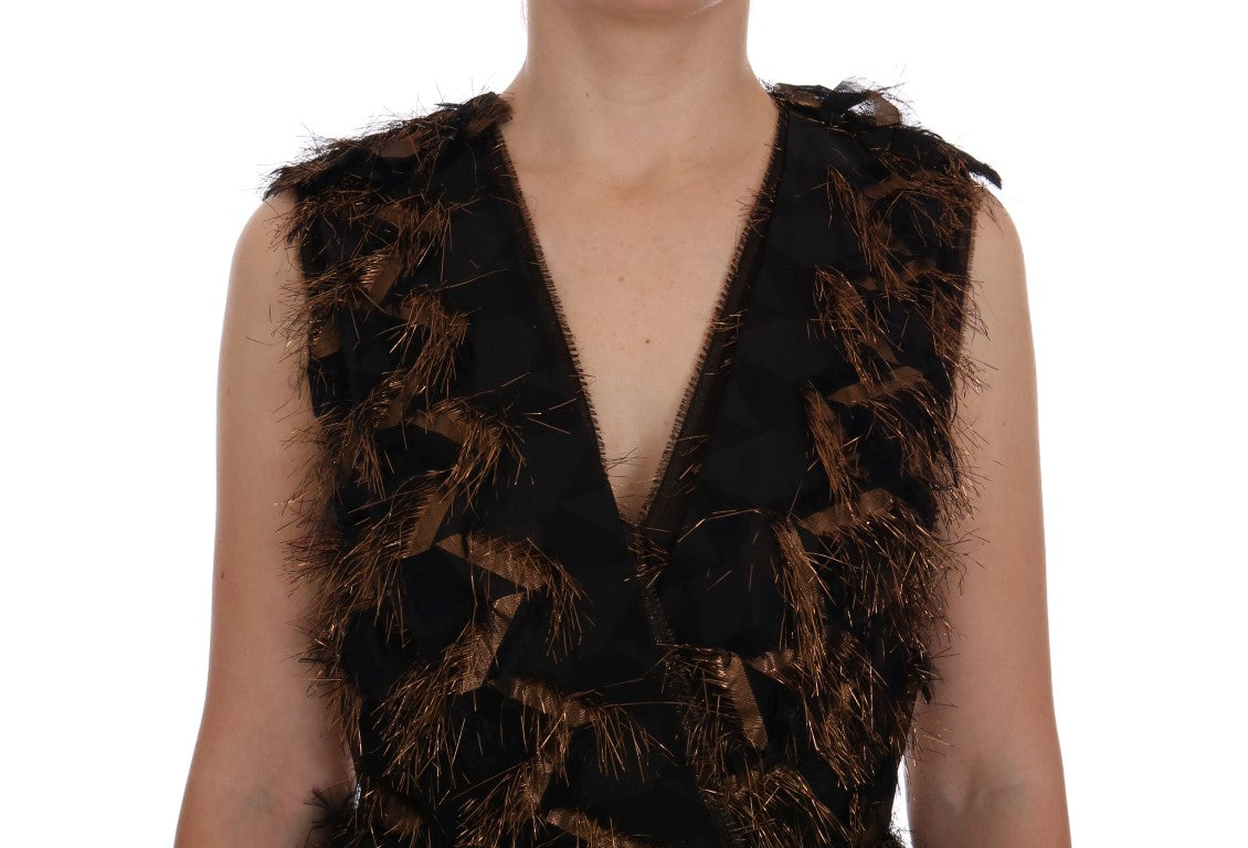 Dolce & Gabbana Black Silk Brown Fringes A-Line Dress | Regal Royce