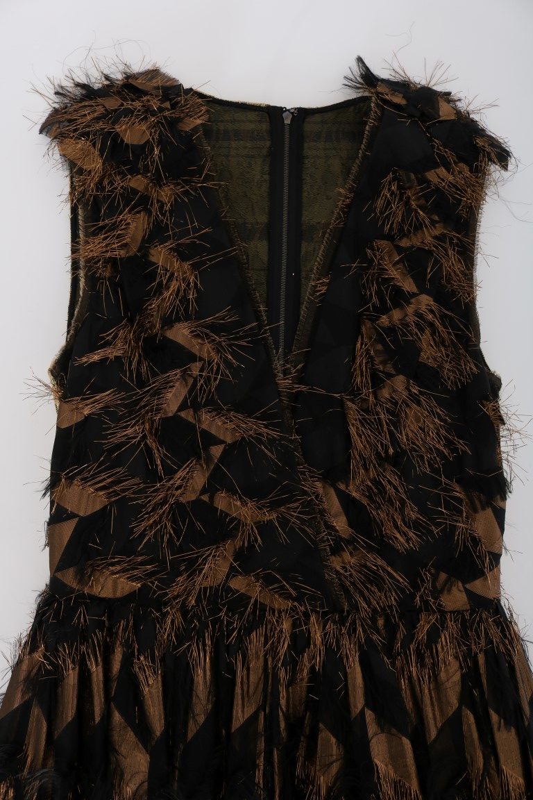 Dolce & Gabbana Black Silk Brown Fringes A-Line Dress | Regal Royce