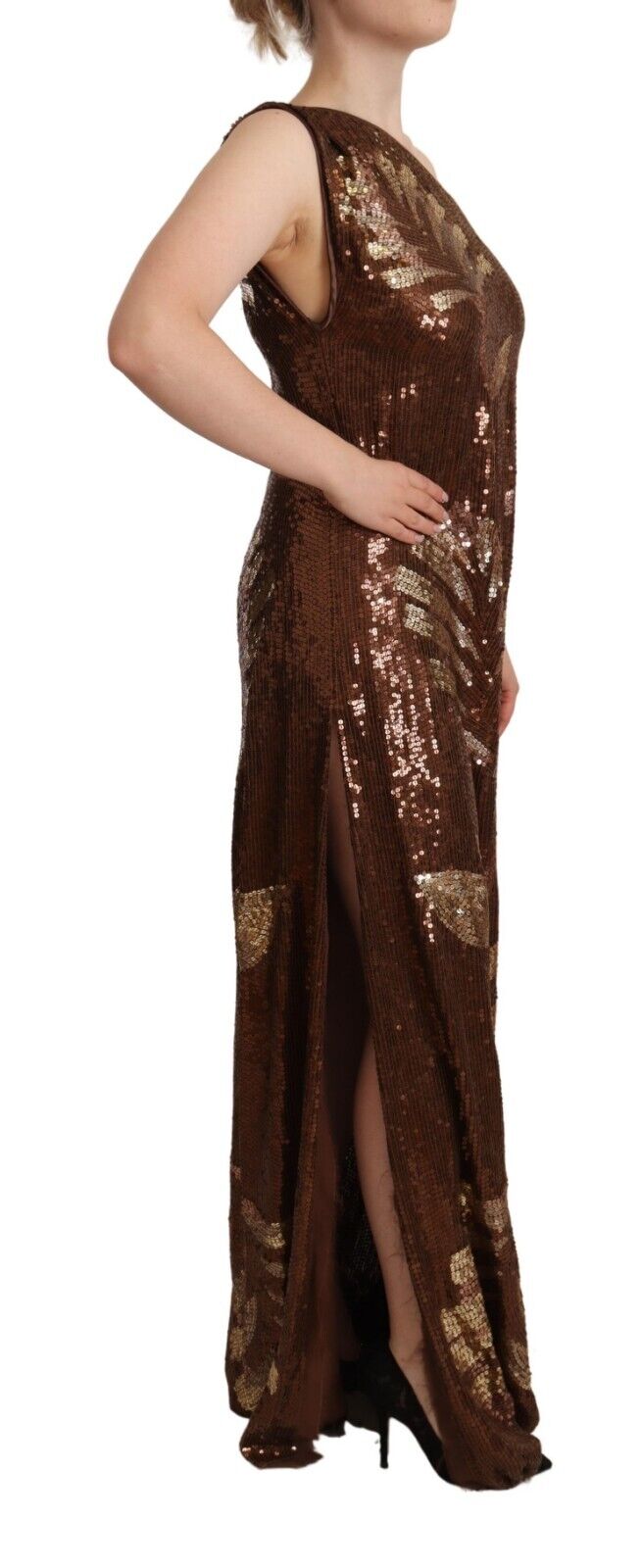 Dsquared² Brown Leaf Sequined Shift One Shoulder Long Dress | Regal Royce