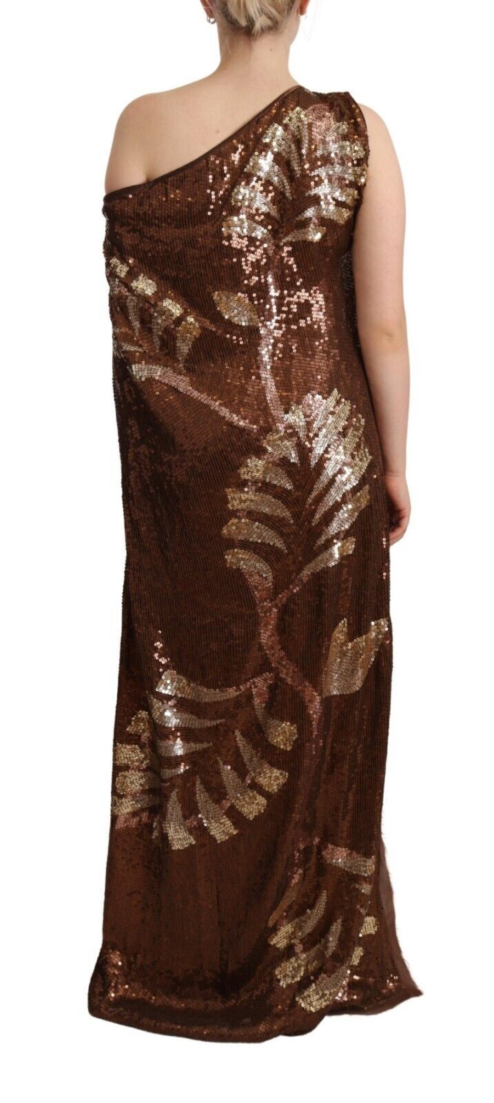 Dsquared² Brown Leaf Sequined Shift One Shoulder Long Dress | Regal Royce