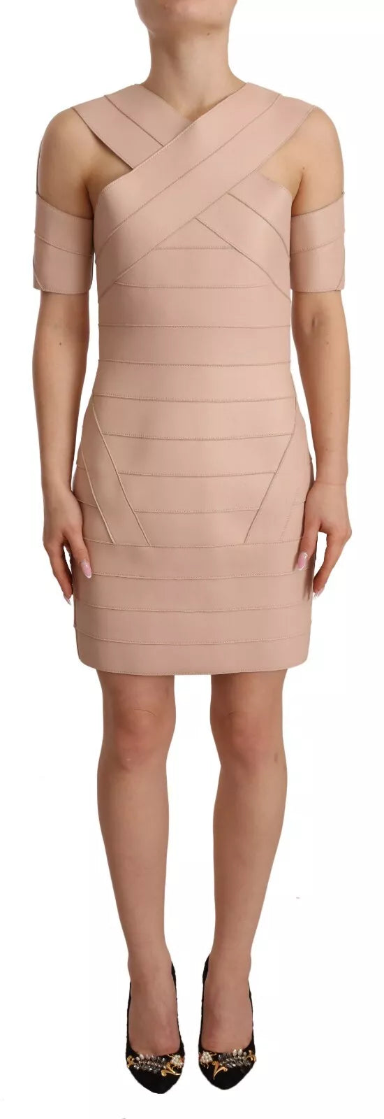 Dsquared² Beige Leather Open Shoulder Sheath Mini Dress | Regal Royce