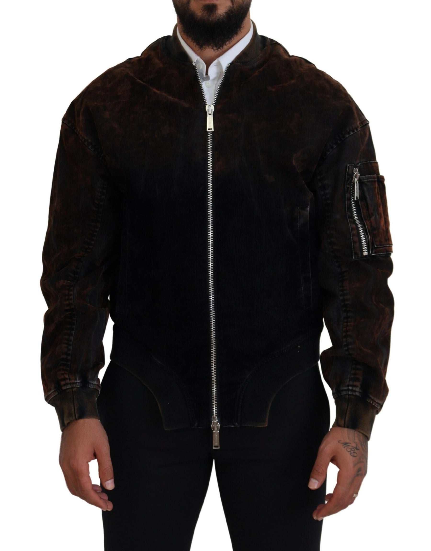 Dsquared² Brown Cotton Bomber Zipper Pocket Sleeves Jacket | Regal Royce