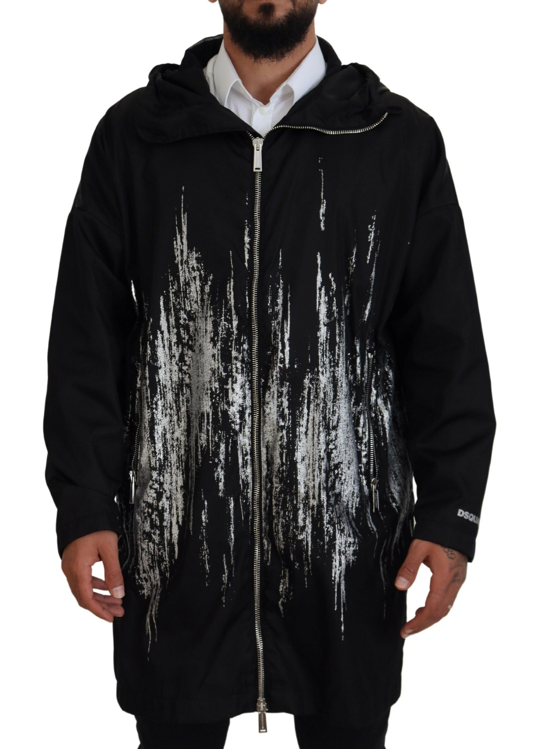 Dsquared² Black White Print Long Hooded Coat Nylon Jacket | Regal Royce
