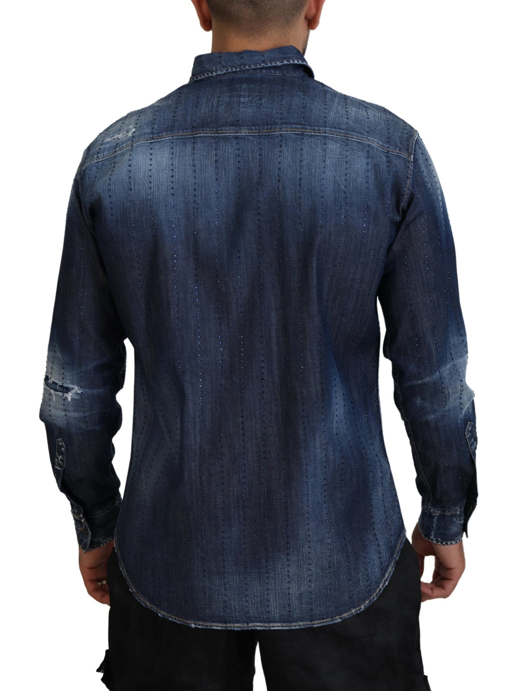 Dsquared² Blue Tattered Crystal Embellished Denim Shirt | Regal Royce