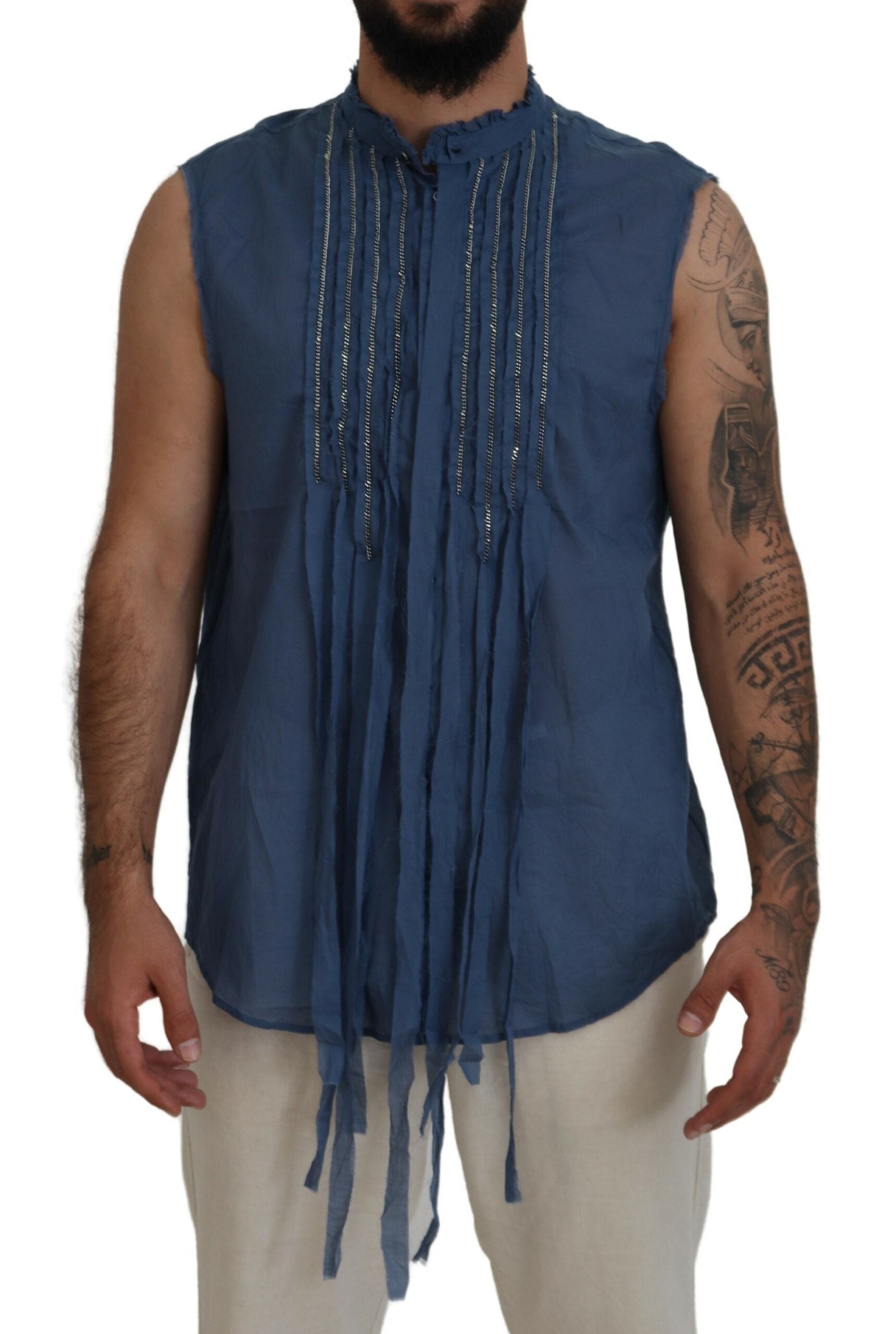 Dsquared² Blue Cotton Chain Embellishment Sleeveless Shirt | Regal Royce