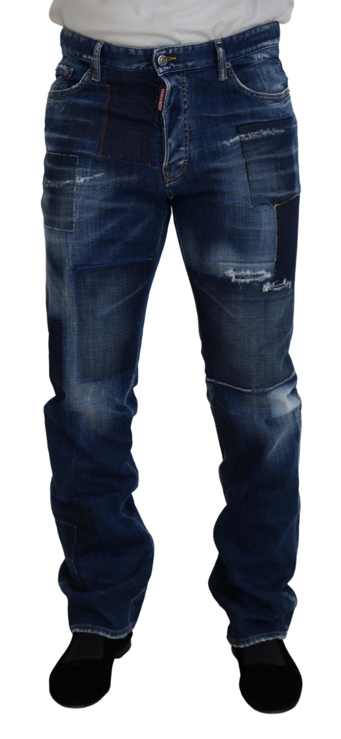 Dsquared² Blue Washed Patchwork Straight Fit Denim Jeans | Regal Royce