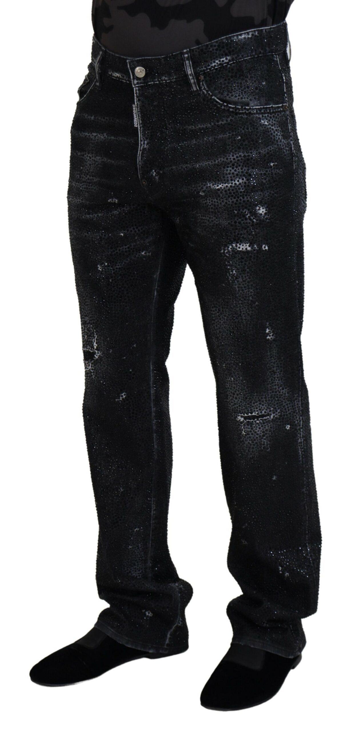 Dsquared² Black Crystal Embellished Tattered Denim Jeans | Regal Royce