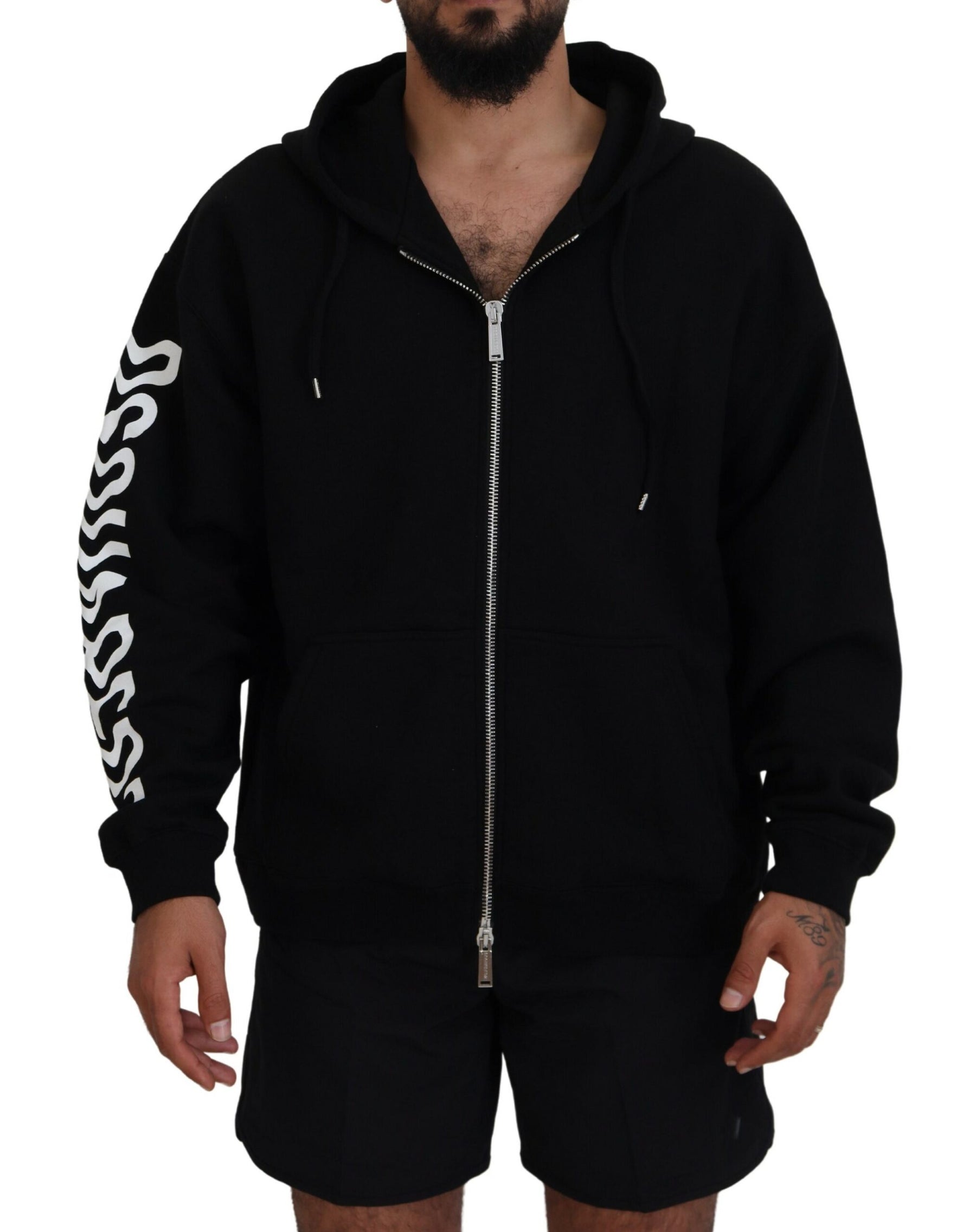 Dsquared² Black Hooded Full Zip Printed Sleeves Sweater | Regal Royce