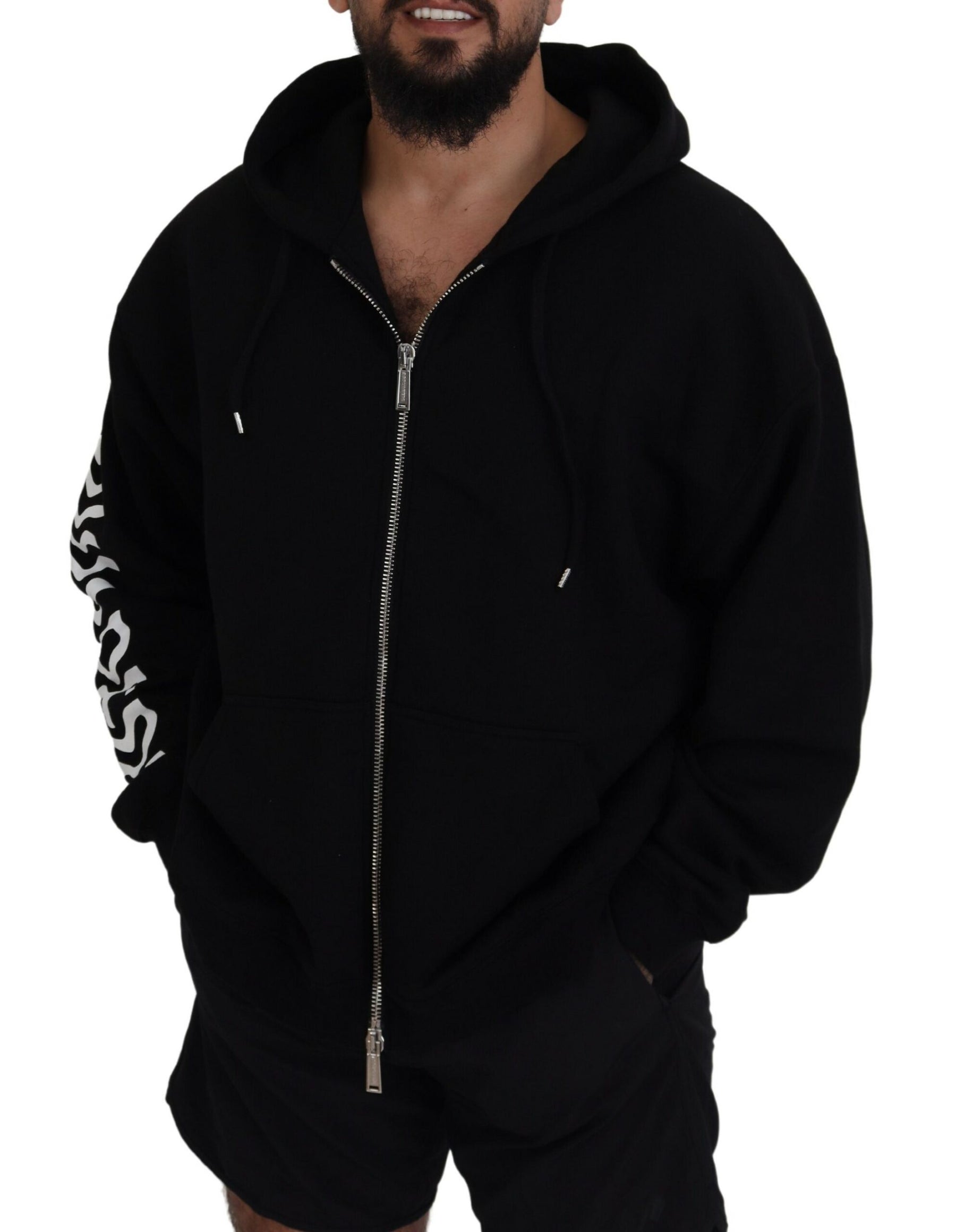 Dsquared² Black Hooded Full Zip Printed Sleeves Sweater | Regal Royce