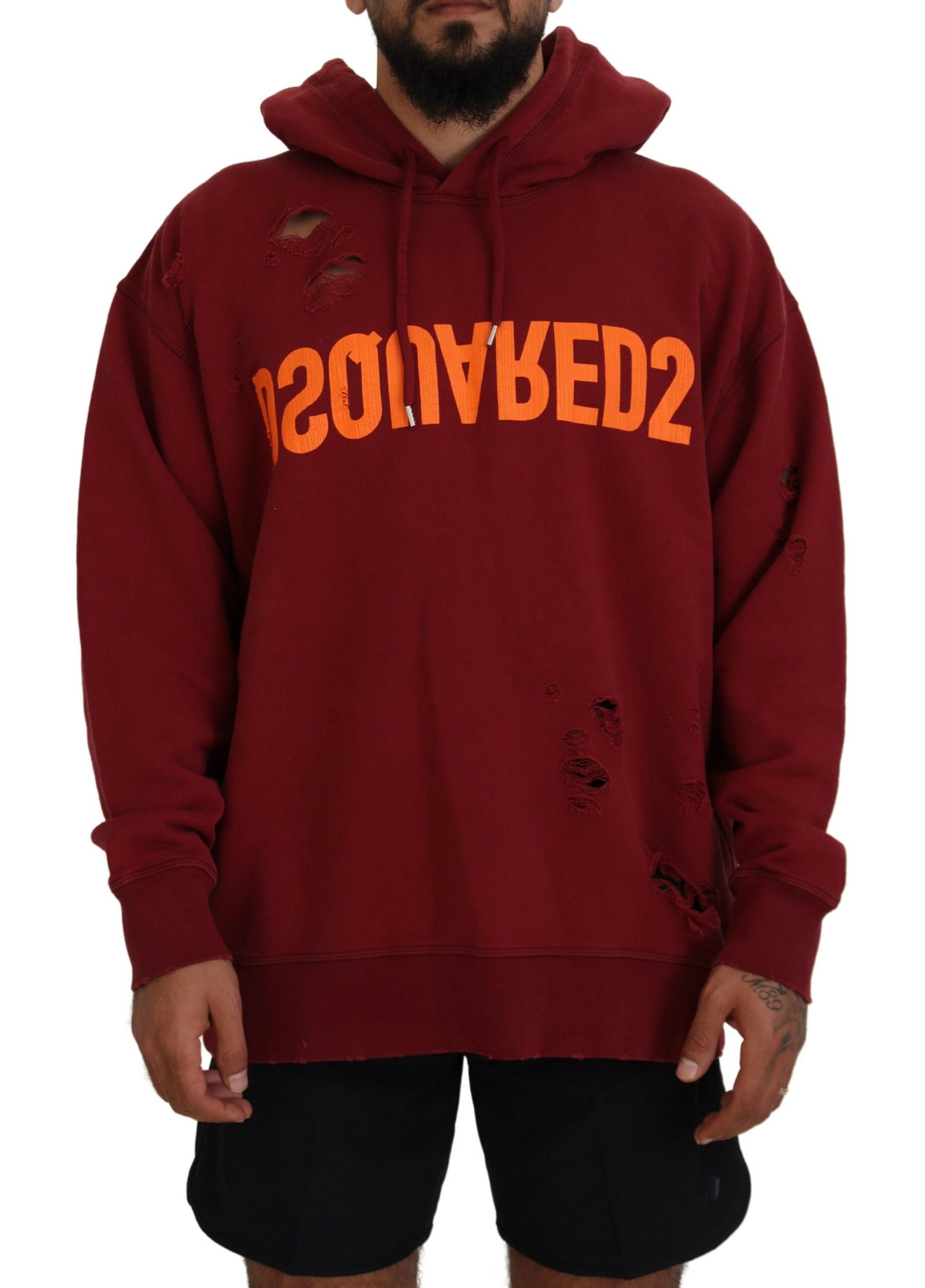 Dsquared² Maroon Cotton Tattered Hooded Printed Pullover Sweater | Regal Royce