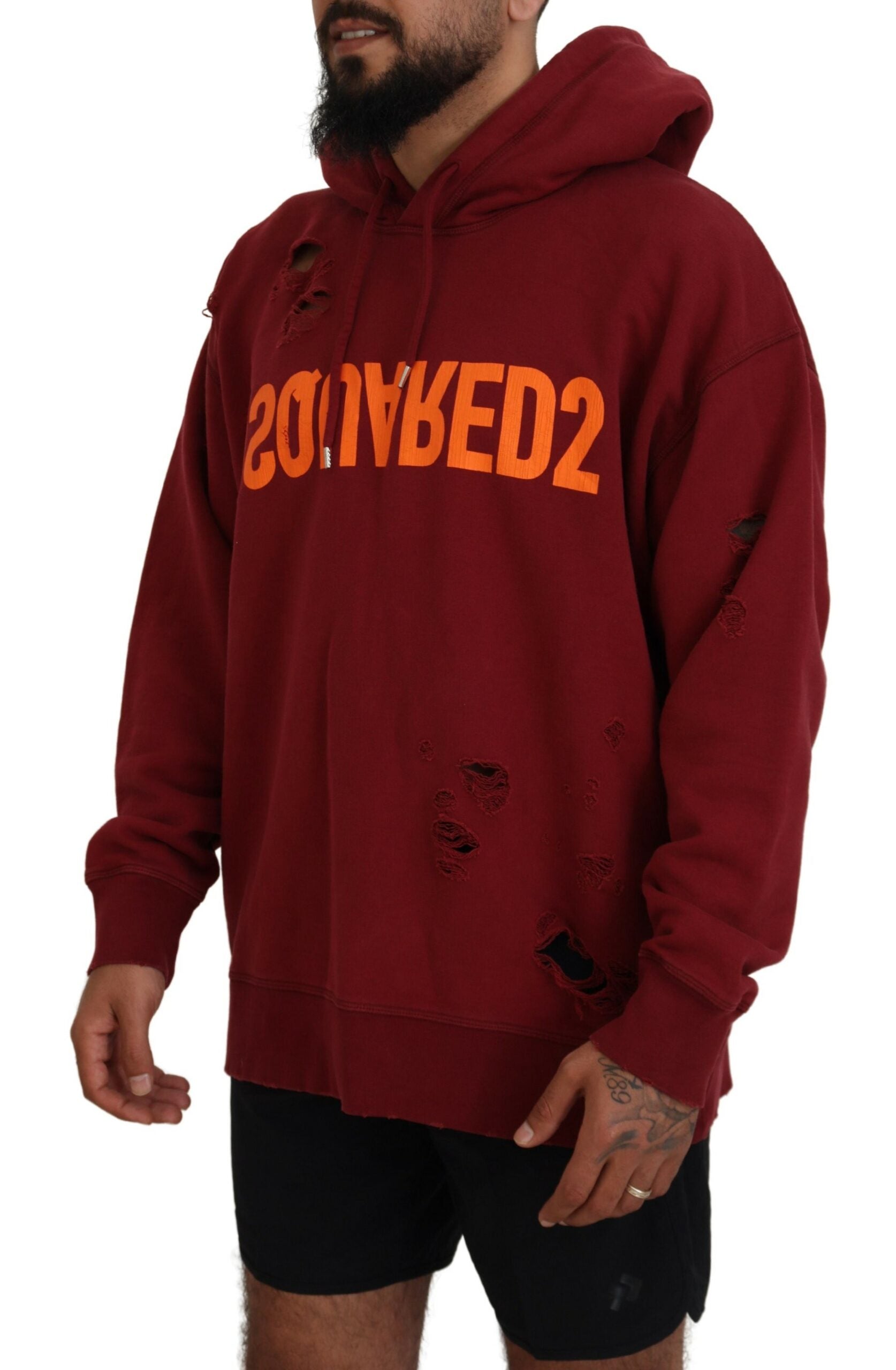Dsquared² Maroon Cotton Tattered Hooded Printed Pullover Sweater | Regal Royce