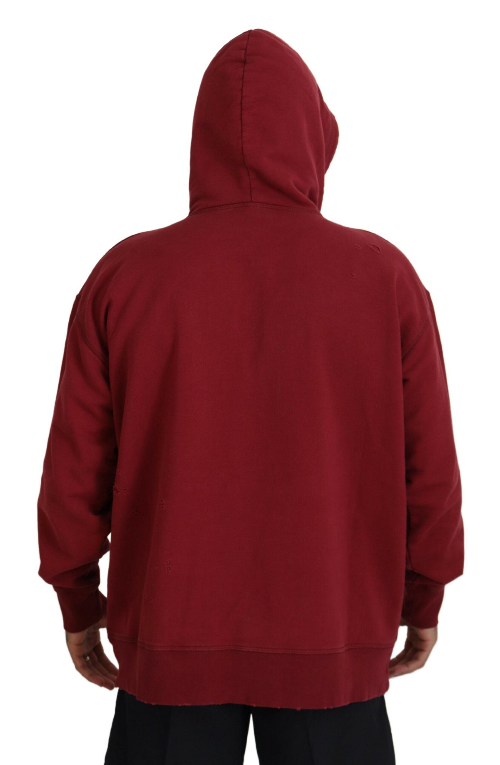Dsquared² Maroon Cotton Tattered Hooded Printed Pullover Sweater | Regal Royce