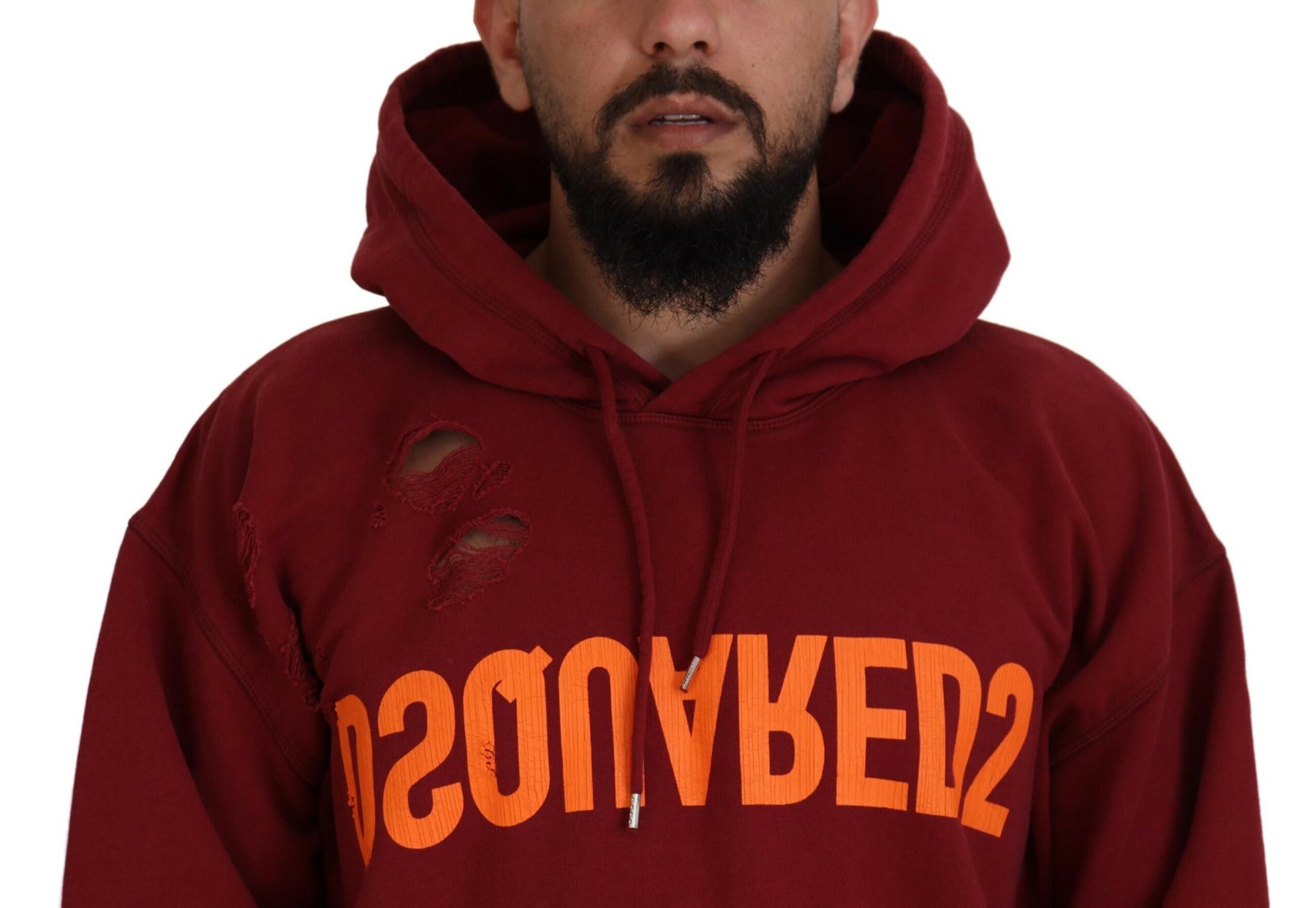 Dsquared² Maroon Cotton Tattered Hooded Printed Pullover Sweater | Regal Royce