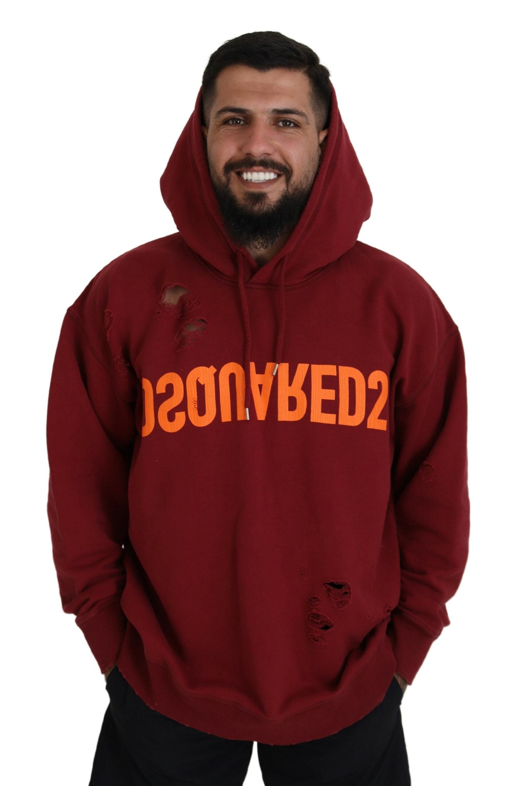 Dsquared² Maroon Cotton Tattered Hooded Printed Pullover Sweater | Regal Royce