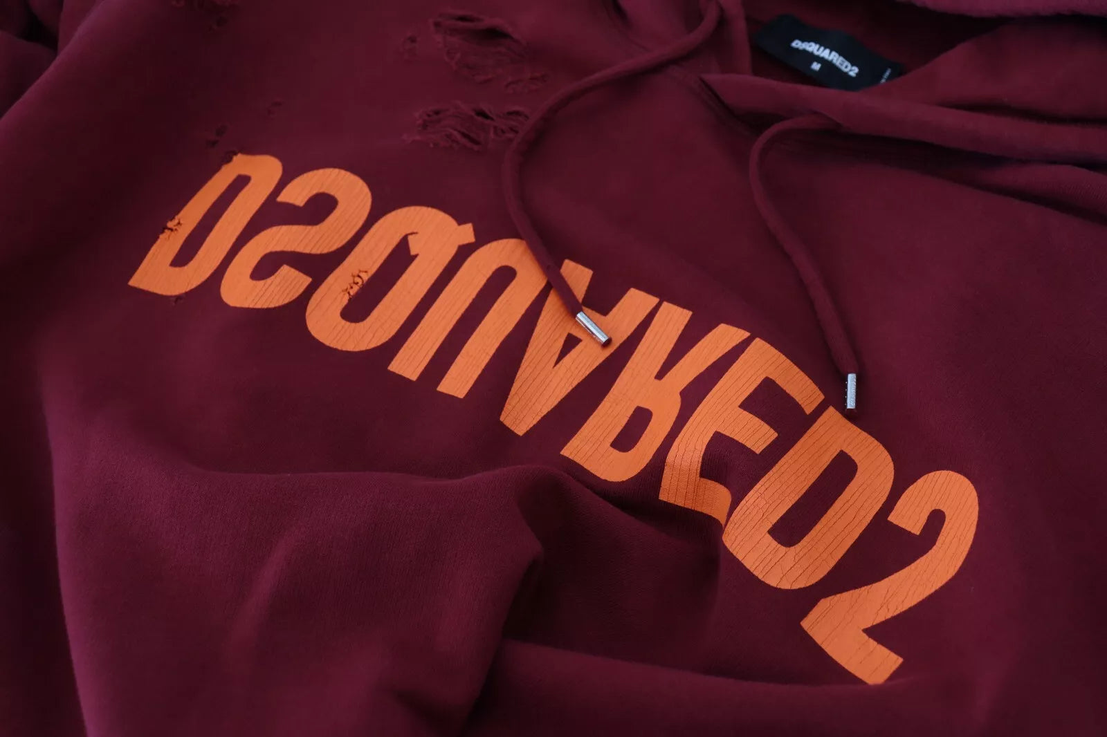 Dsquared² Maroon Cotton Tattered Hooded Printed Pullover Sweater | Regal Royce