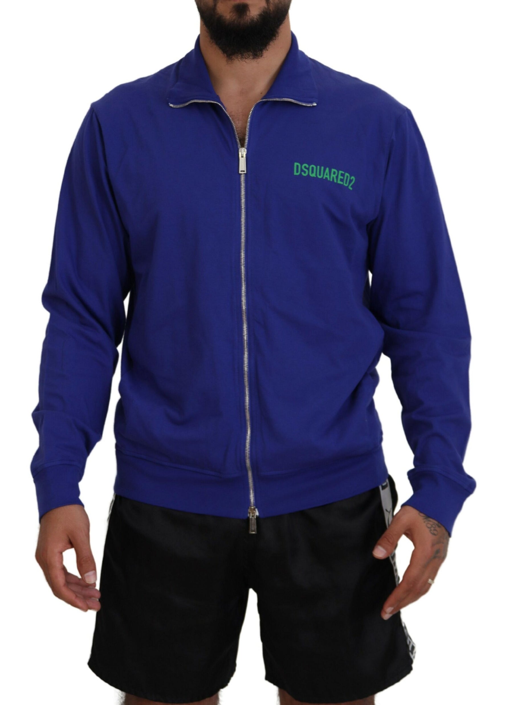 Dsquared² Blue Cotton Printed Collared Men Full Zip Sweater | Regal Royce