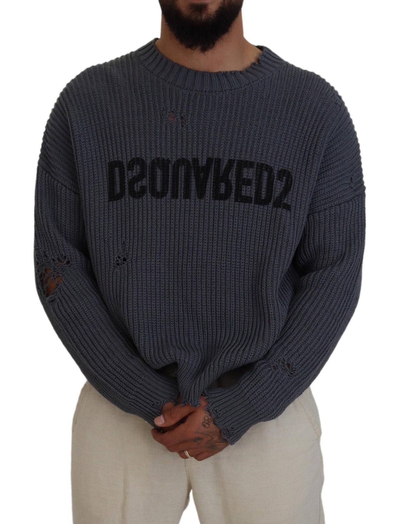 Dsquared² Gray Men Tattered Knitted Pullover Sweater | Regal Royce