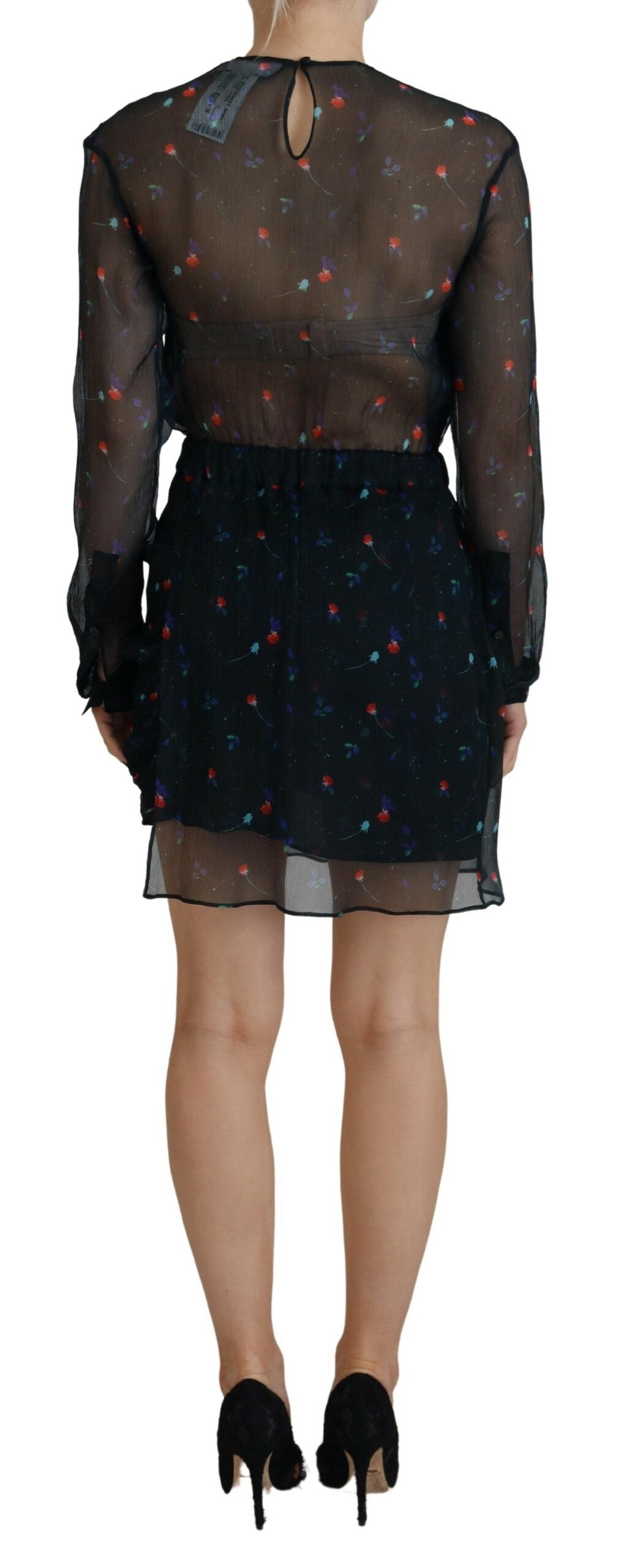 Dsquared² Black Floral Silk Long Sleeves Sheath Mini Dress | Regal Royce