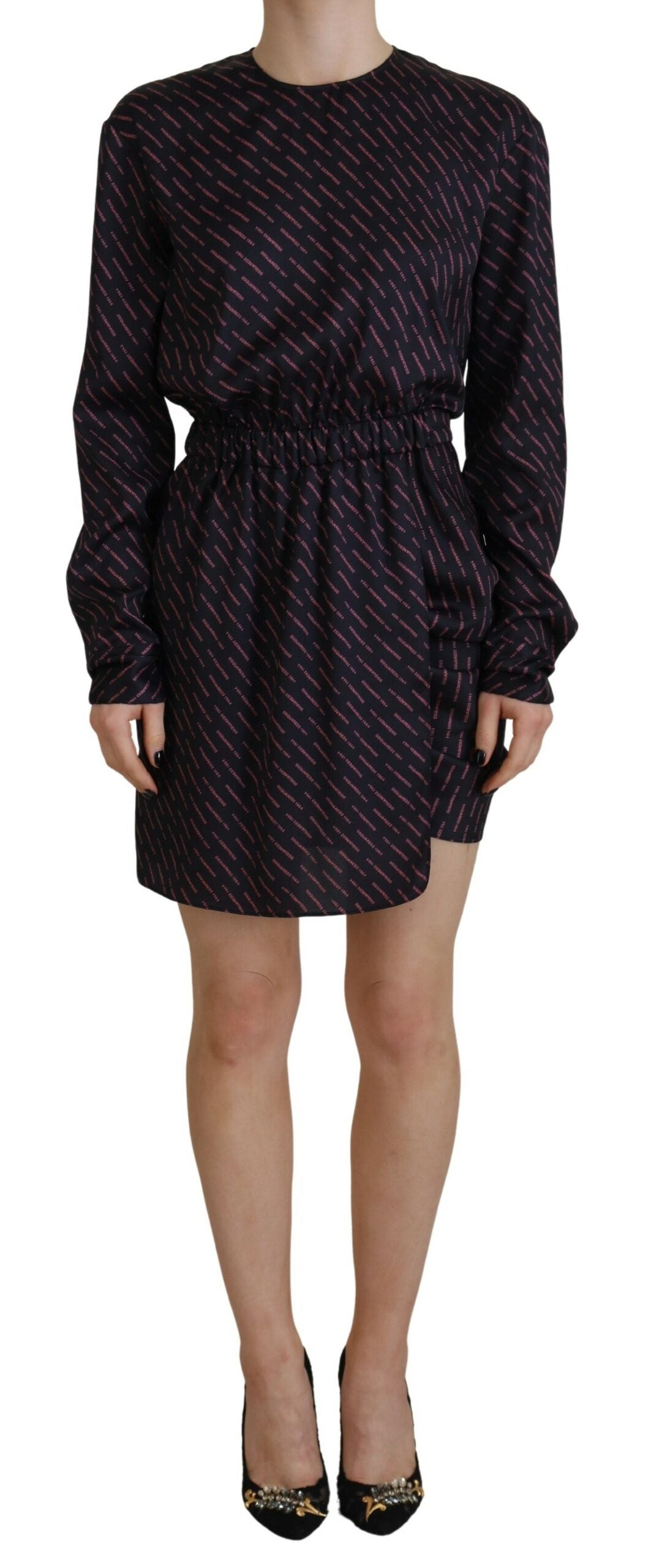 Dsquared² Black Logo Print Long Sleeves A-line Mini Dress | Regal Royce