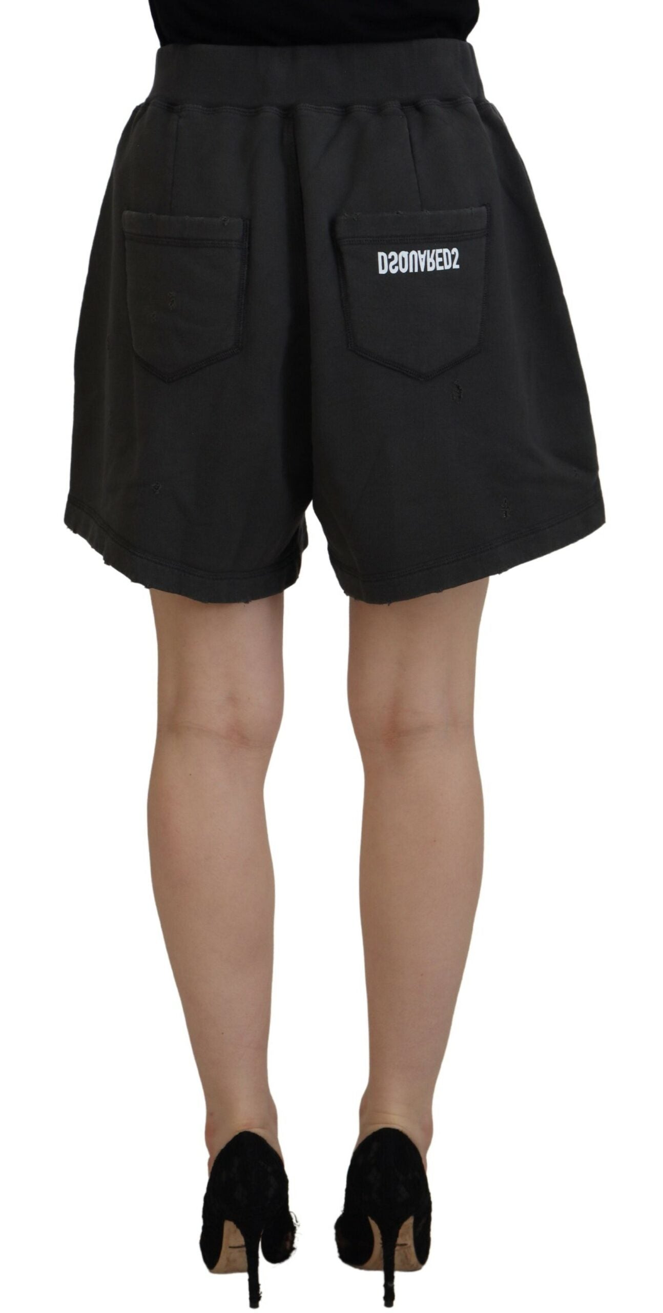 Dsquared² Black Cotton Mid Waist Tattered Tapered Shorts | Regal Royce