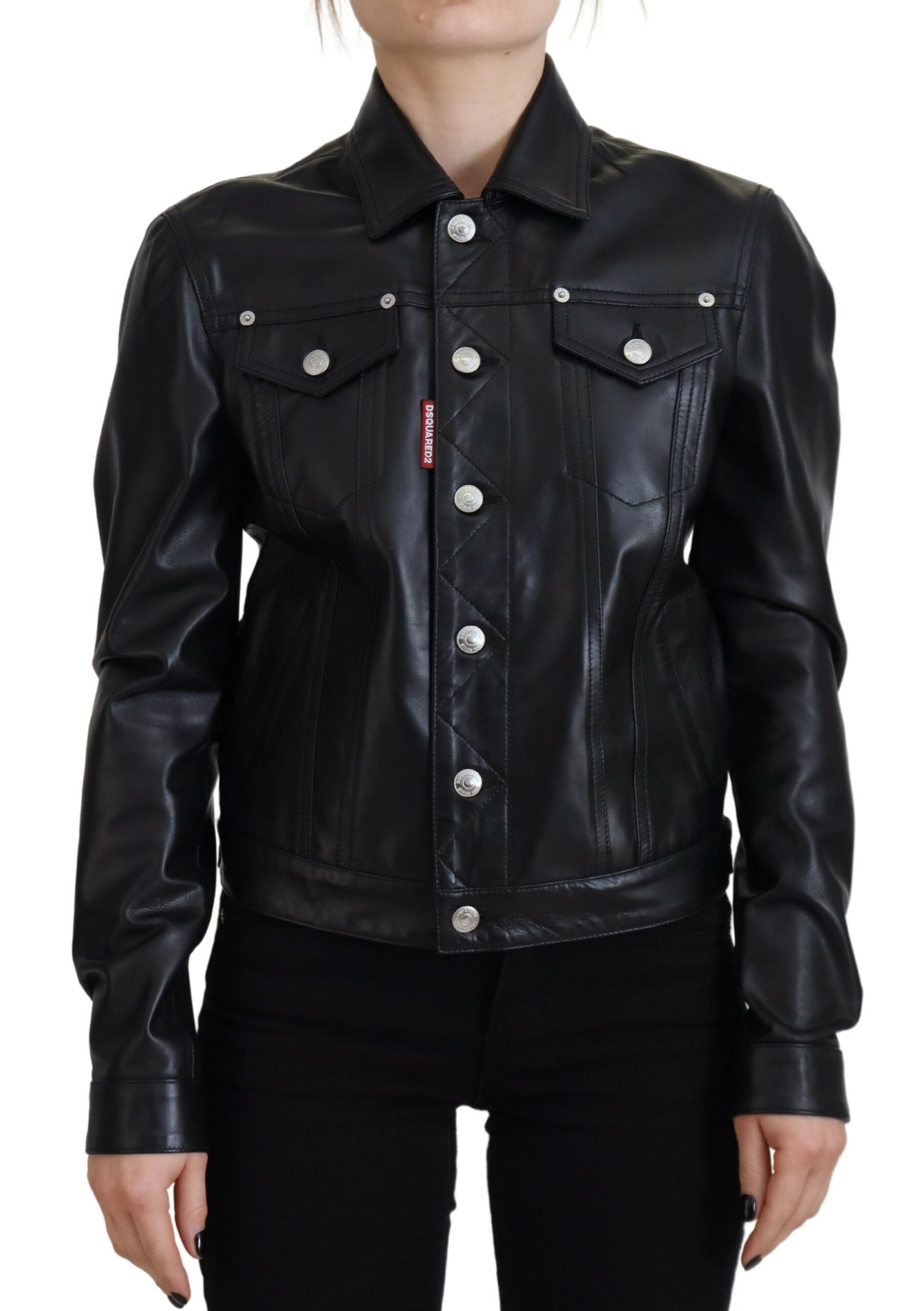 Dsquared² Black Leather Collared Long Sleeves Jacket | Regal Royce