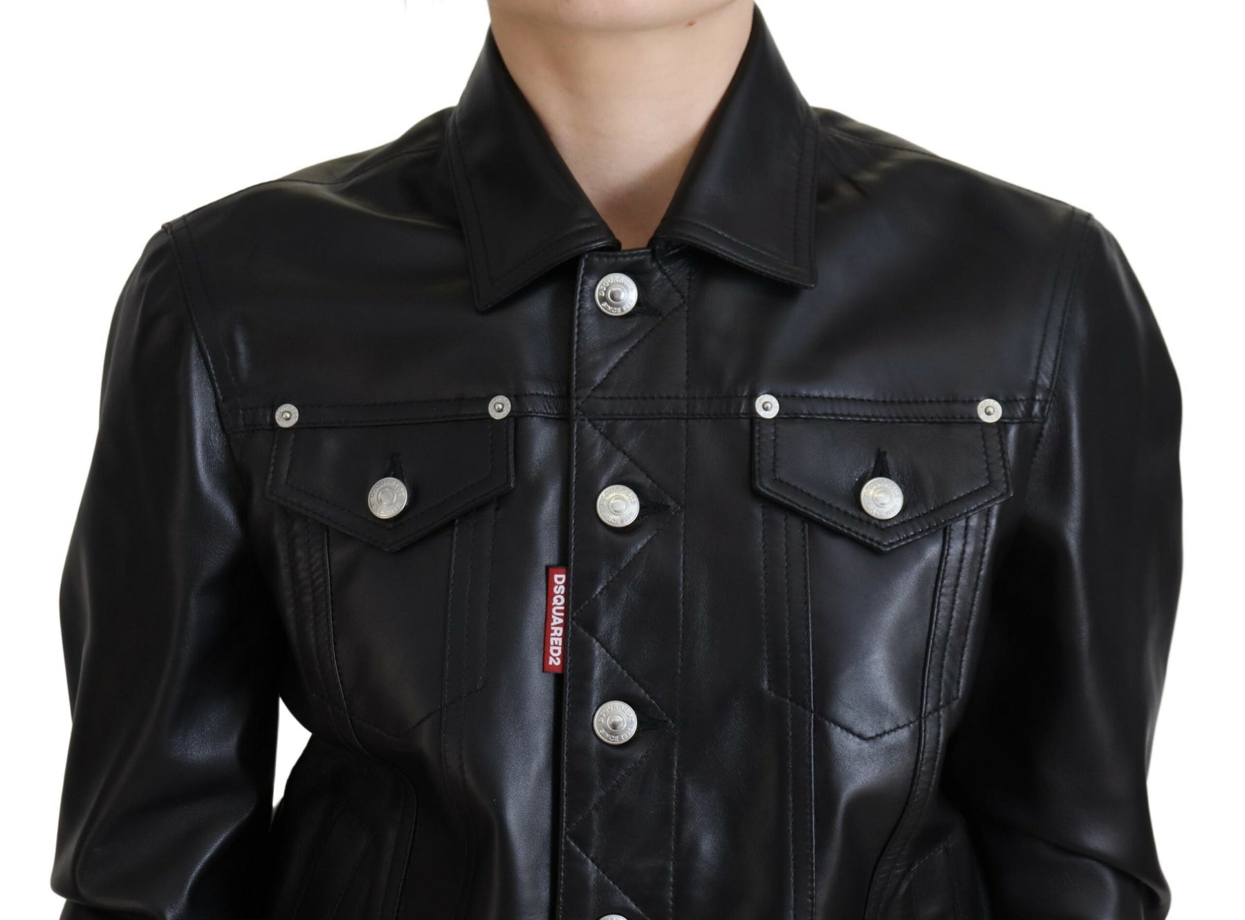 Dsquared² Black Leather Collared Long Sleeves Jacket | Regal Royce