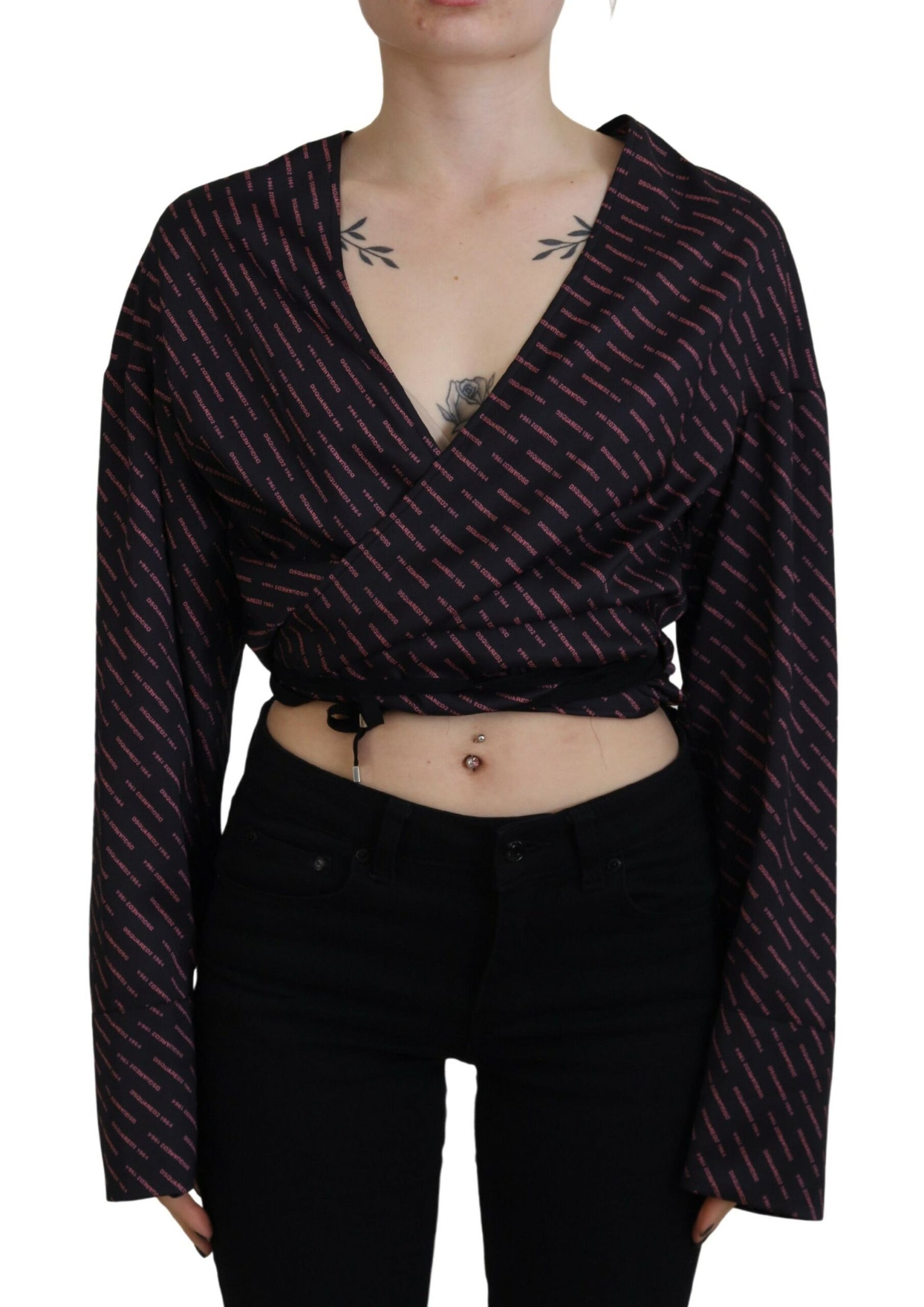 Dsquared² Black Polyester Cropped Logo Printed Blouse Top | Regal Royce
