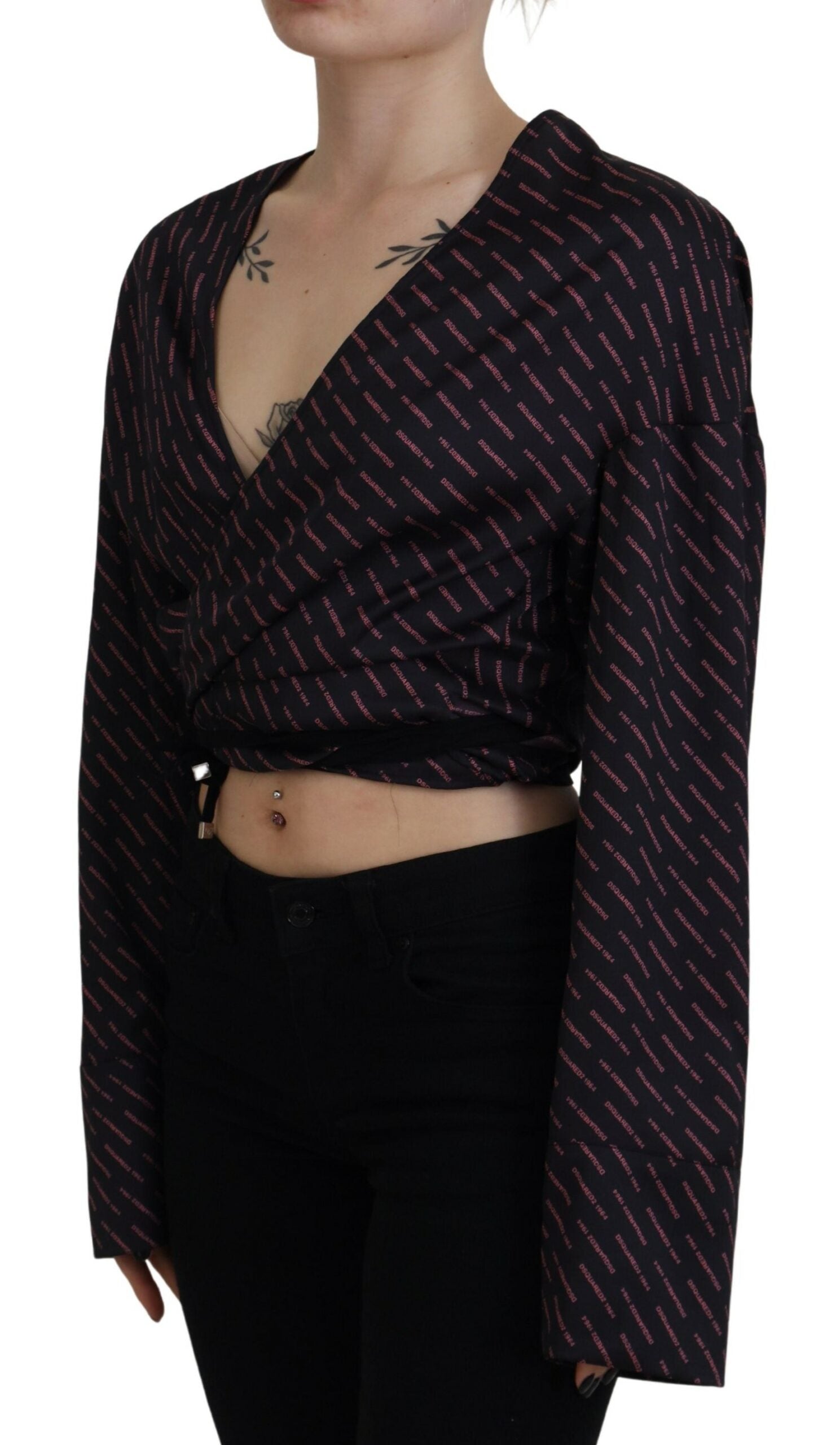 Dsquared² Black Polyester Cropped Logo Printed Blouse Top | Regal Royce