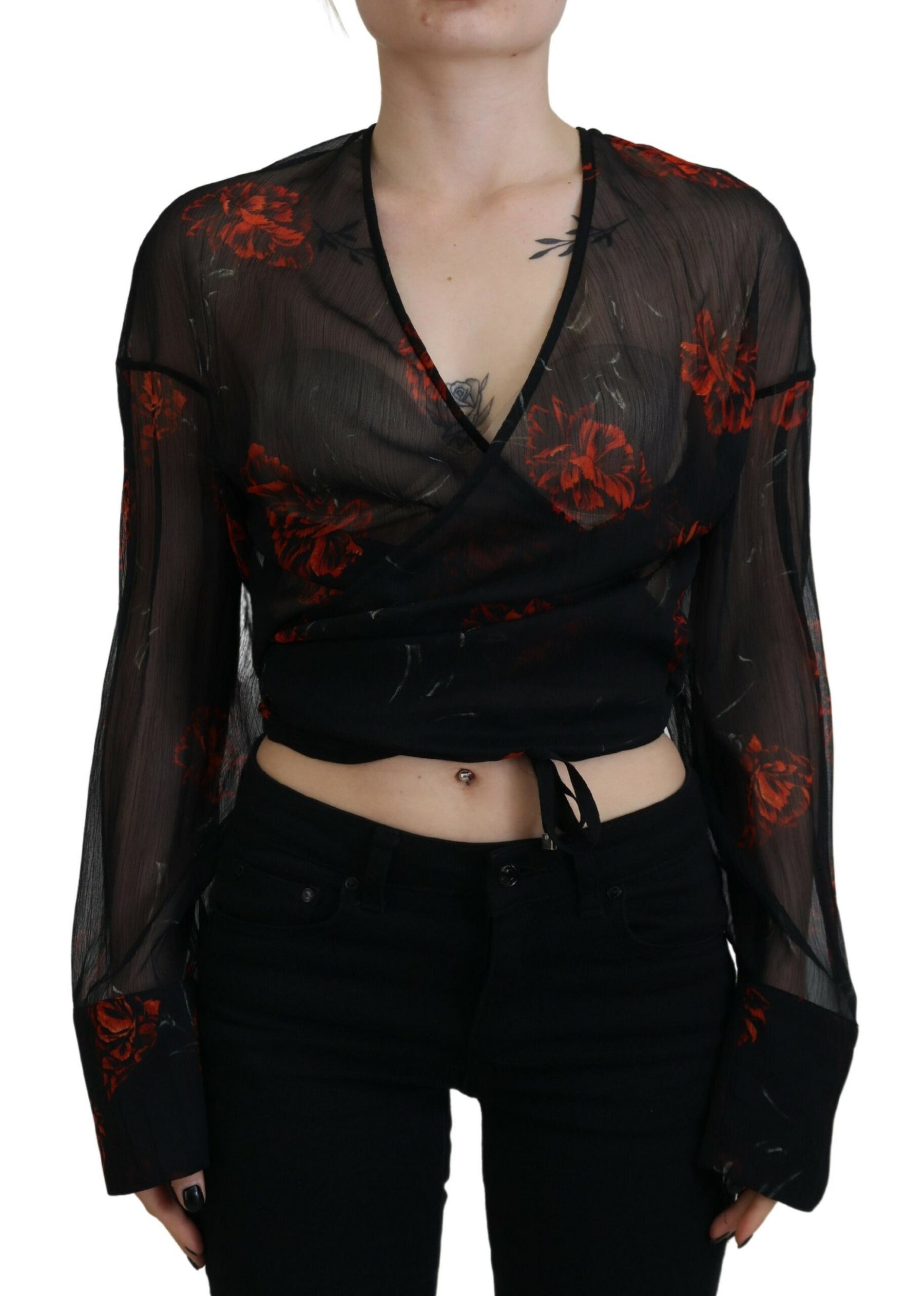Dsquared² Black Floral Print Cropped Wrap Long Sleeves Top | Regal Royce