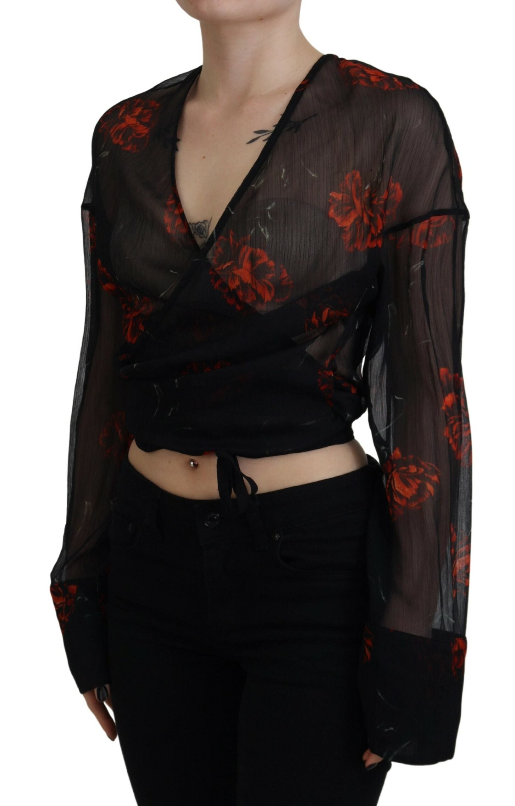 Dsquared² Black Floral Print Cropped Wrap Long Sleeves Top | Regal Royce