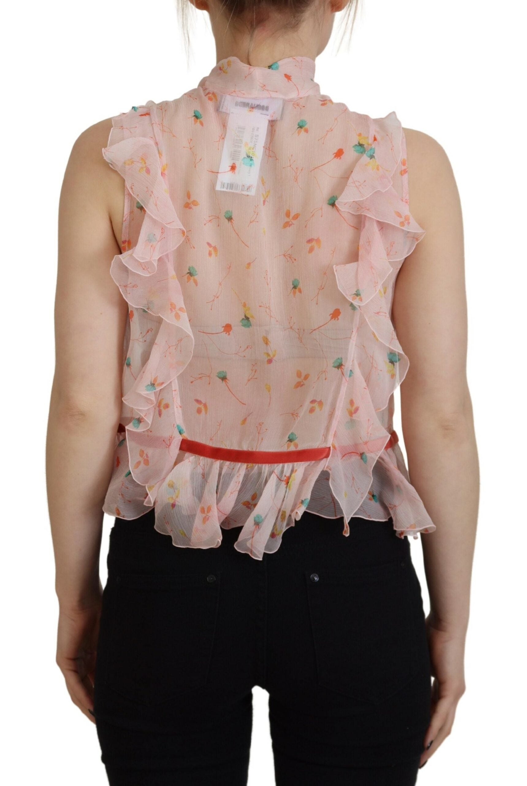 Dsquared² Pink Floral Print Silk Sleeveless Ascot Collar Top | Regal Royce