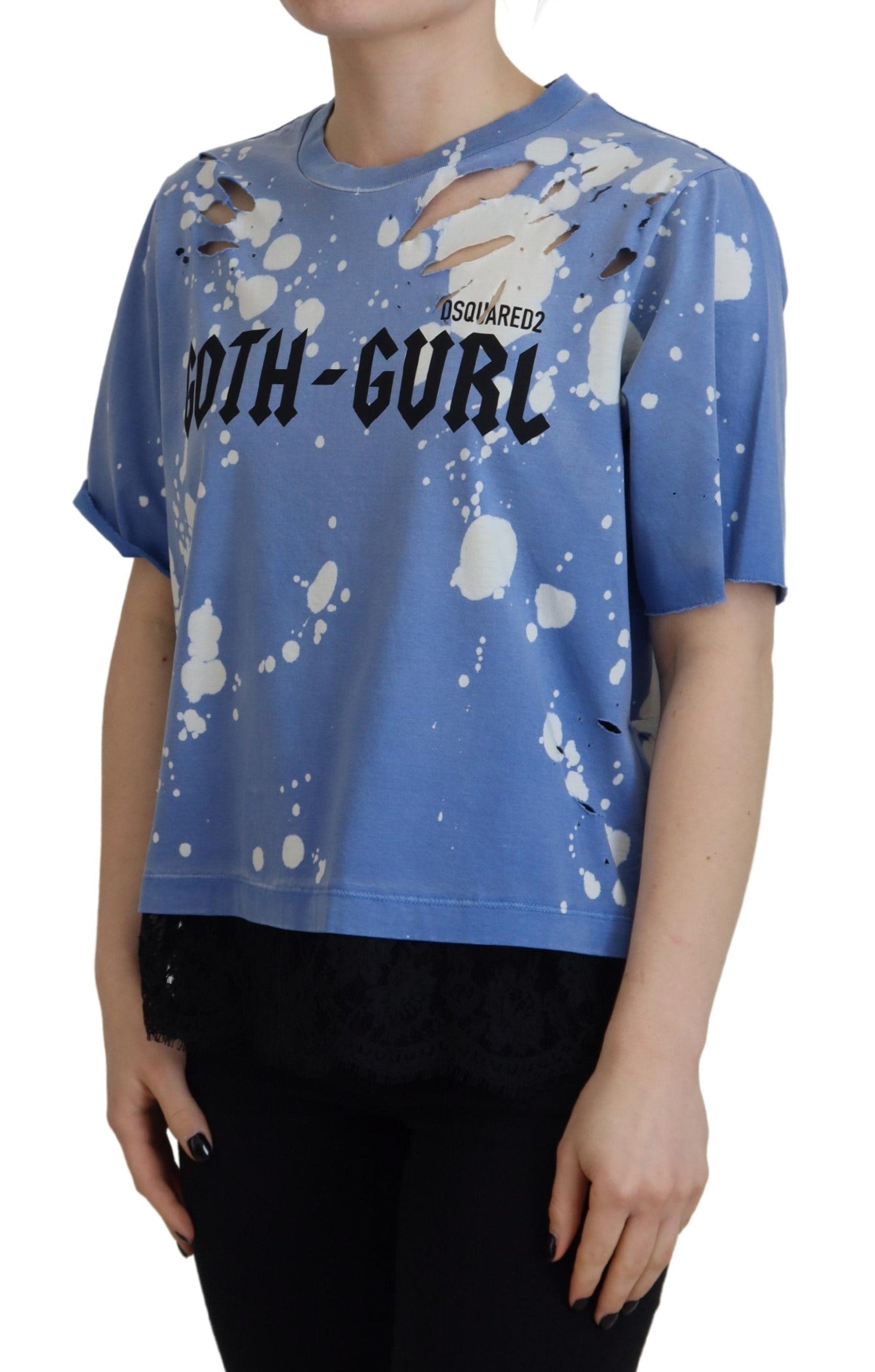 Dsquared² Blue Goth Gurl Print Black Lace Cotton Tee T-shirt | Regal Royce