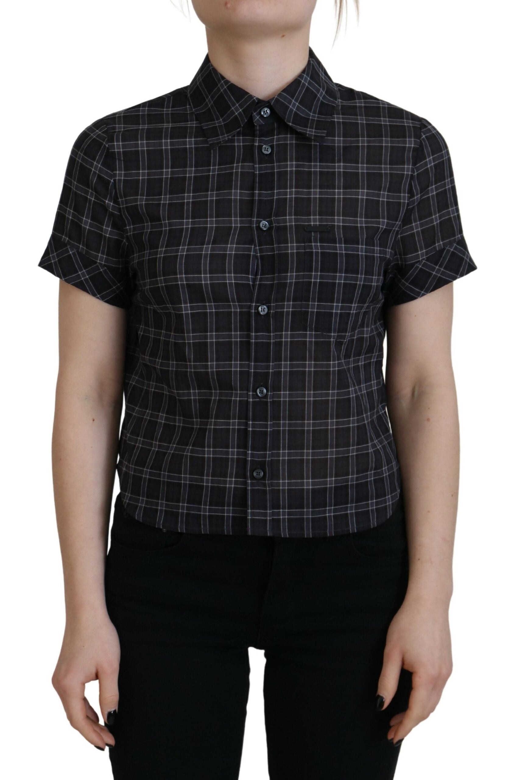 Dsquared² Black Checkered Collared Button Short Sleeves Top | Regal Royce