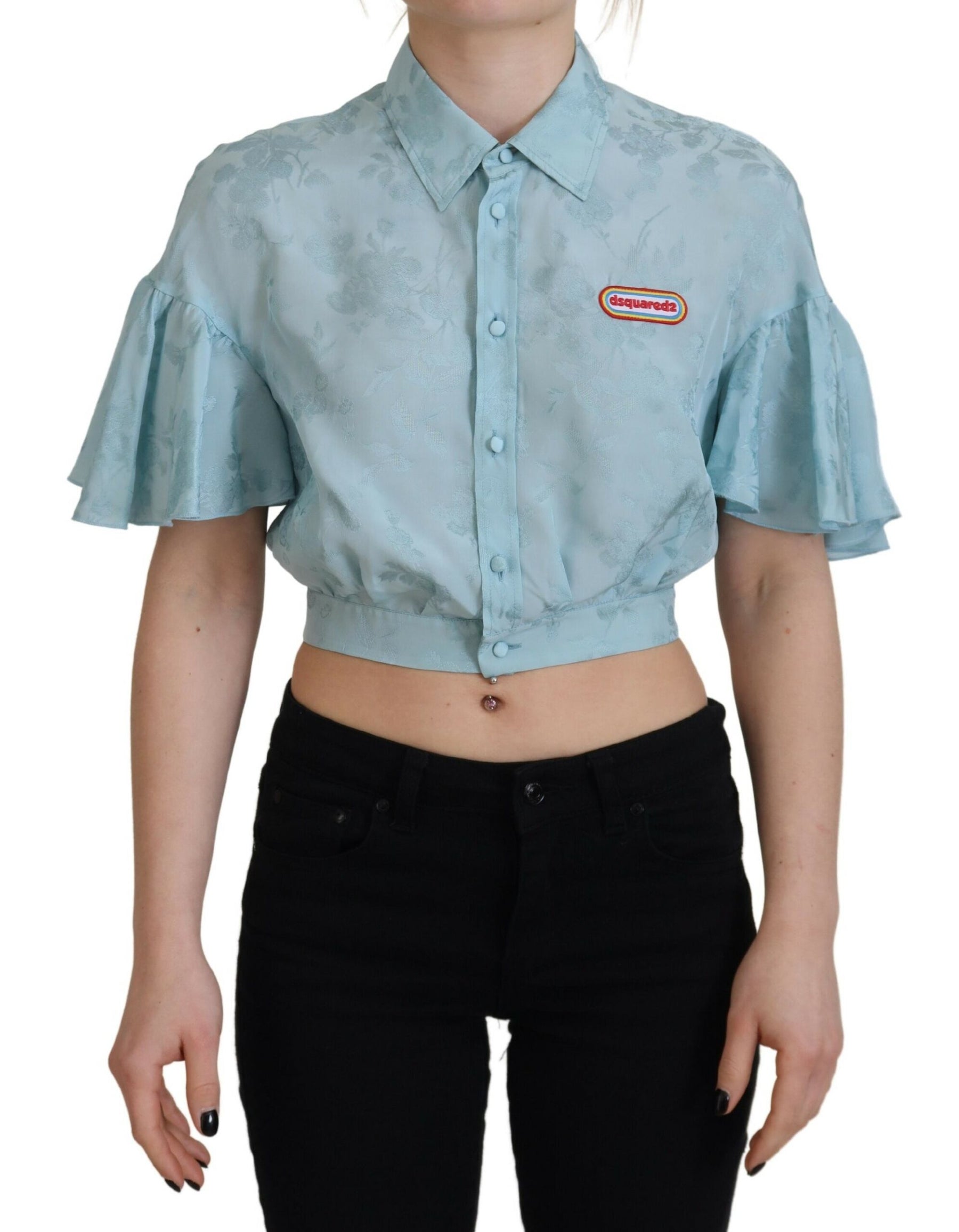 Dsquared² Blue Collared Button Down Short Sleeve Cropped Top | Regal Royce