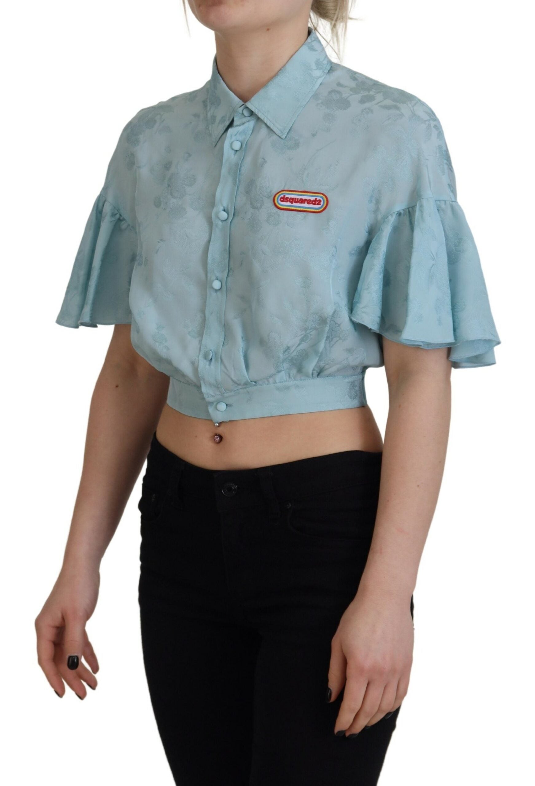 Dsquared² Blue Collared Button Down Short Sleeve Cropped Top | Regal Royce