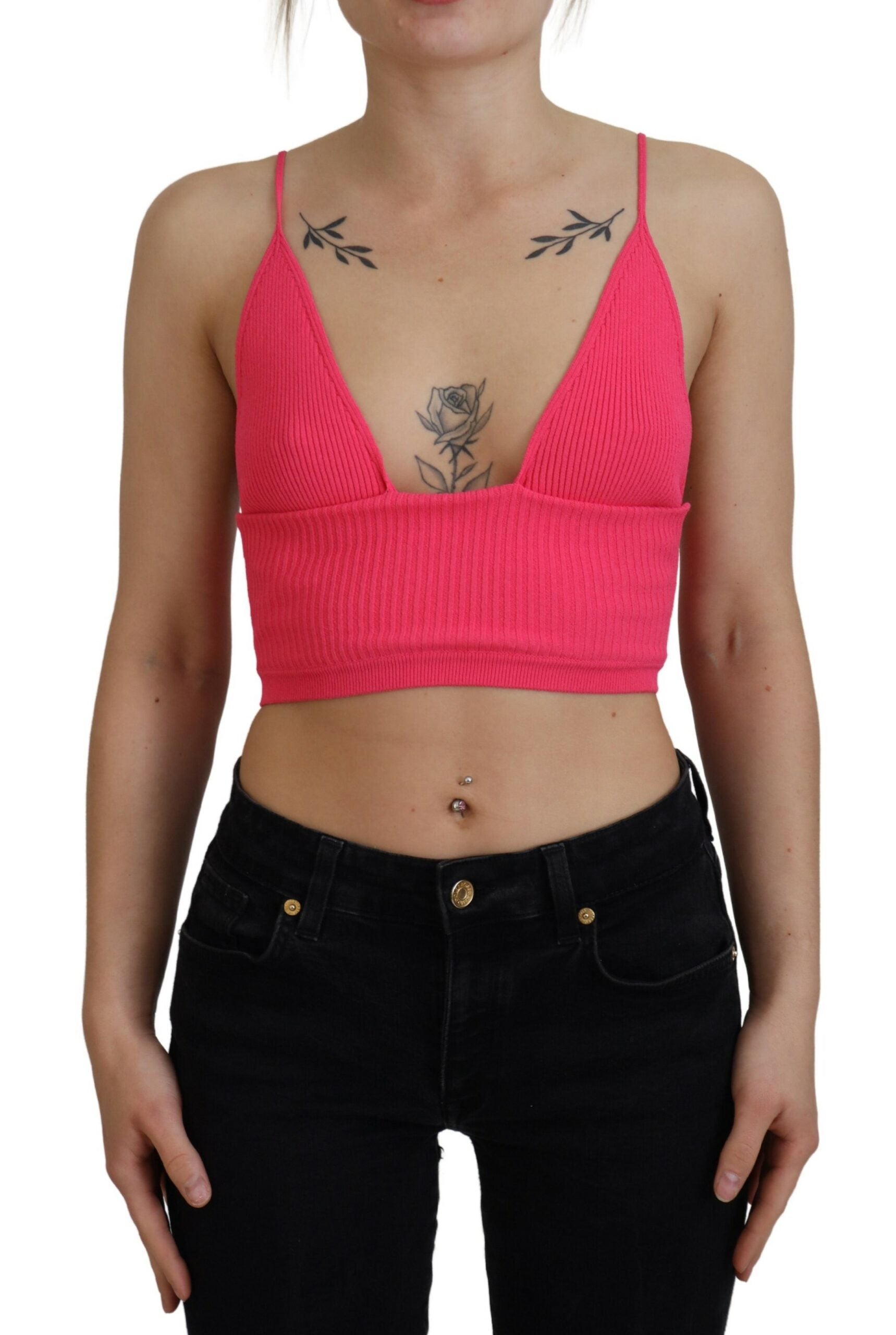 Dsquared² Pink Ribbed Knit Bra Cropped Spaghetti Strap Top | Regal Royce